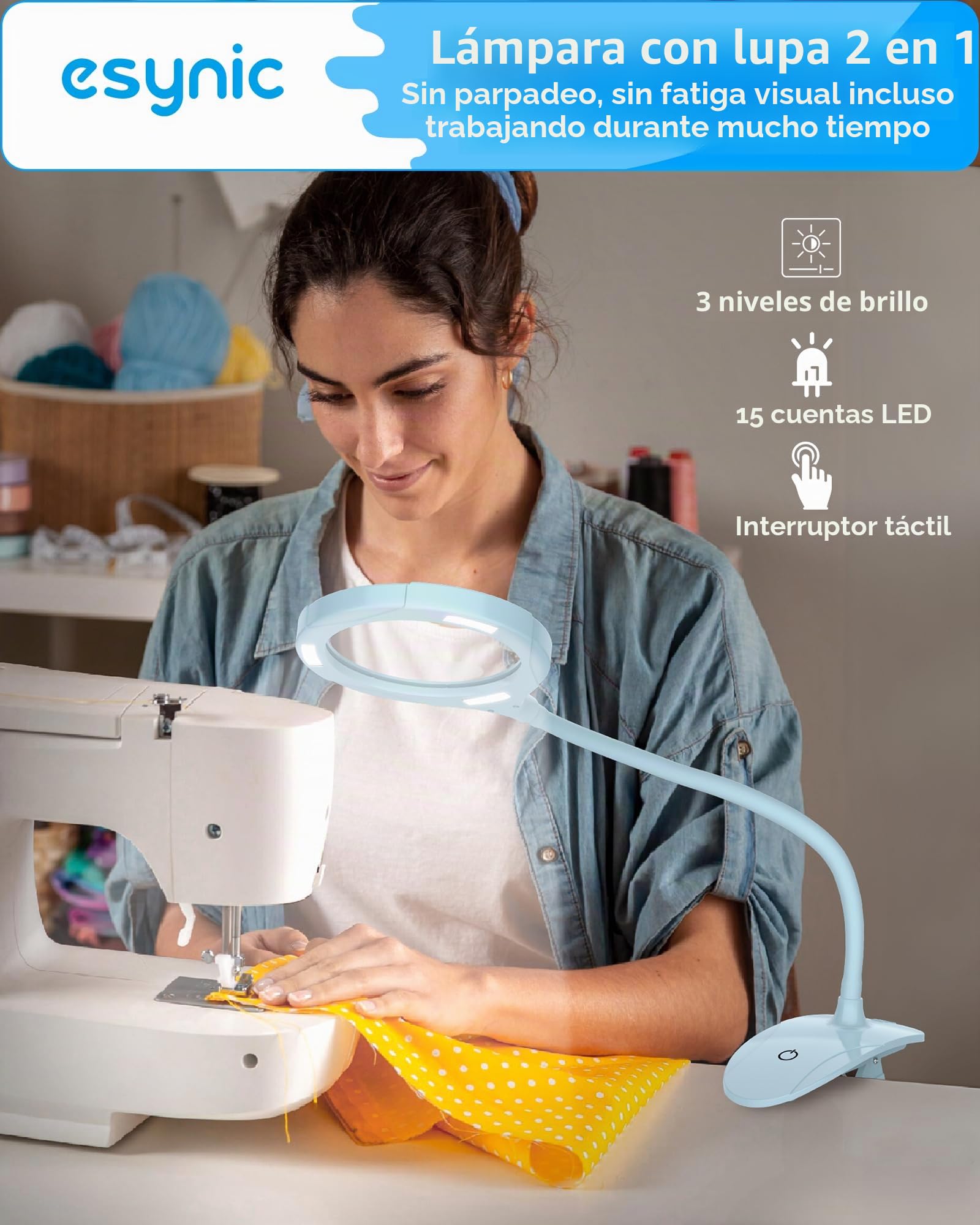 eSynic Lámpara de Aumento de 5X 10X LED Recargable Lupa Lámpara con Abrazada de Metal Lente de Lupa de Vidrio Óptico Iluminado y 3 Configuraciones de Luz Ajustable para Leer, Hobbies, Manualidades