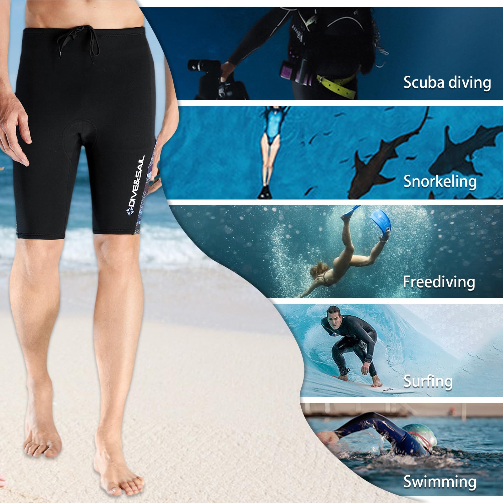 Short de plongée en néoprène pour homme, 2 mm d'épaisseur, pour la plongée, le surf, les sports nautiques, avec tuba et kayak