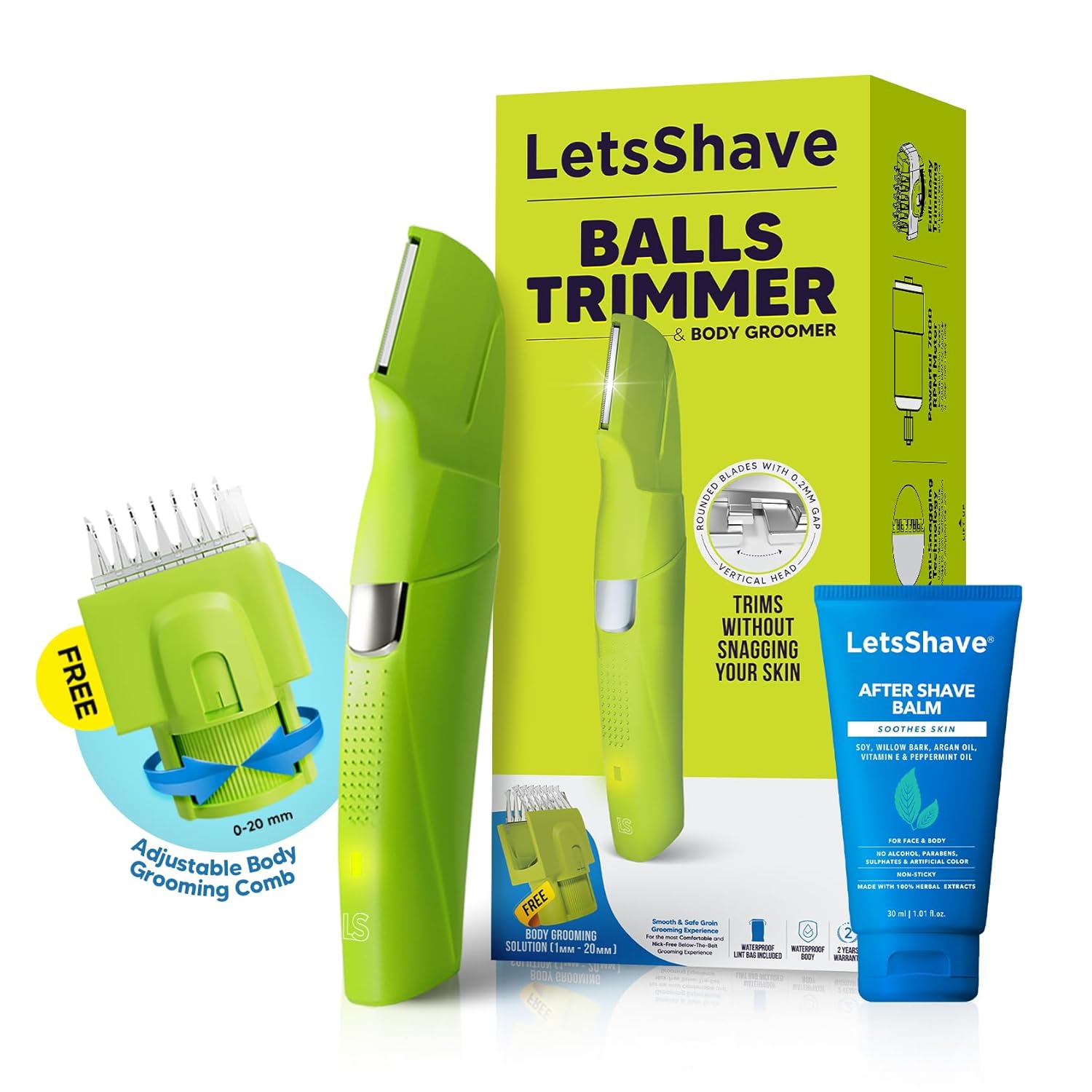 LetsShave Men Trimmer for Private Part with 1 Multipurpose Comb + 1 After Shave Balm, 90 Min Runtime, Rechargeable & Waterproof, Body Trimmer, Grooming Kit for Men, Groin Trimmer, Trimmer for Men