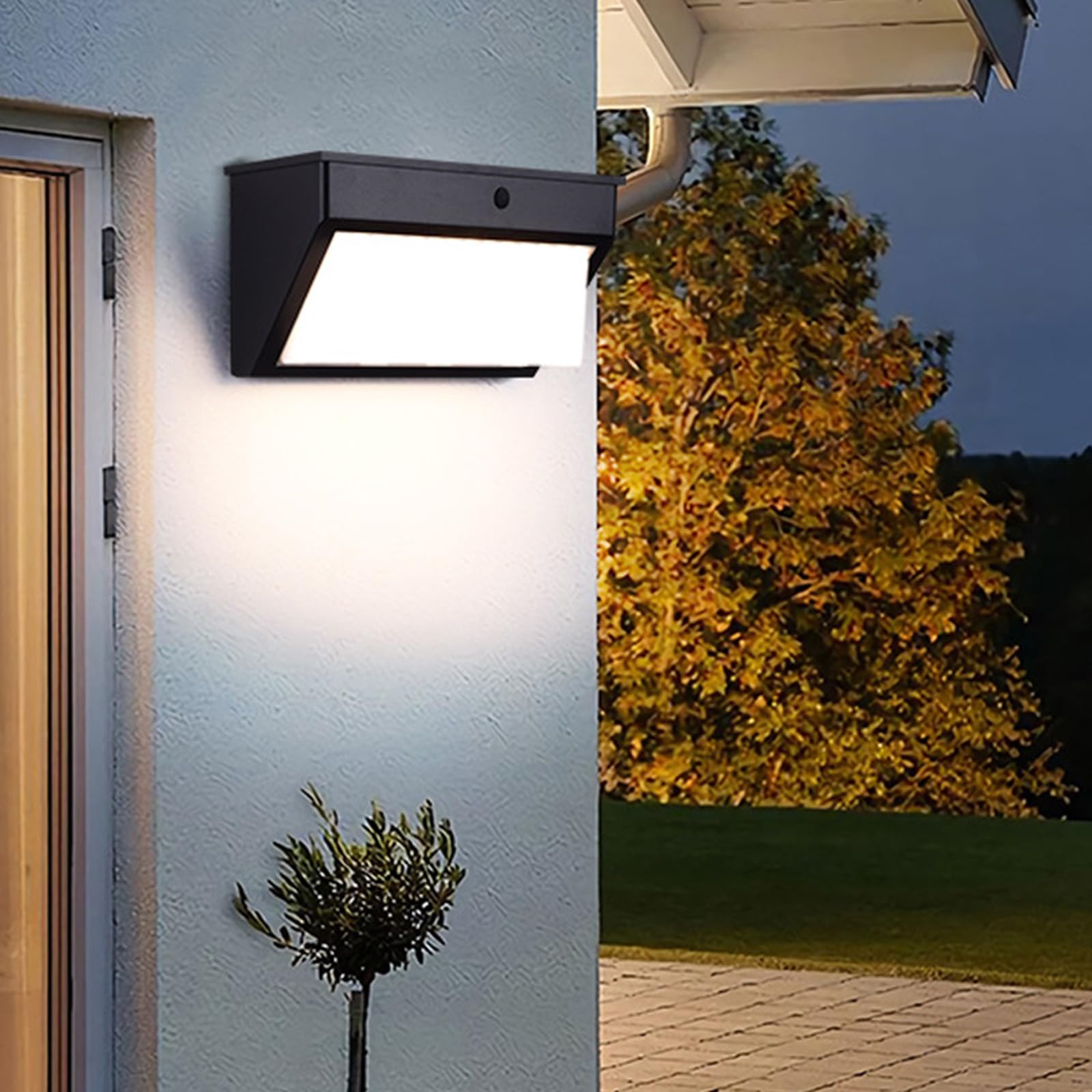 Zewnętrzna solarna lampa ścienna z czujnikiem ruchu Lampa ścienna IP65, wodoodporna lampa ścienna IP65, czarna LED, akumulator, dekoracja ogrodowa, na taras, wejście (26 cm, ciepłe światło)