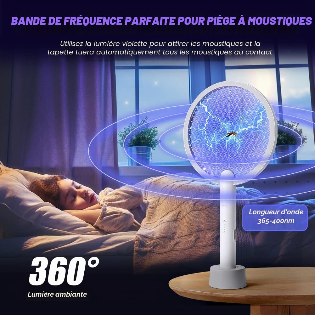 Flintronic Raquette Electrique Insectes, 3000V Raquette Anti Moustiques Électrique avec USB Base de Charge, 3 Couches Protection en Maille et Lumière de Nuit LED, Tapetteà Mouche Electrique