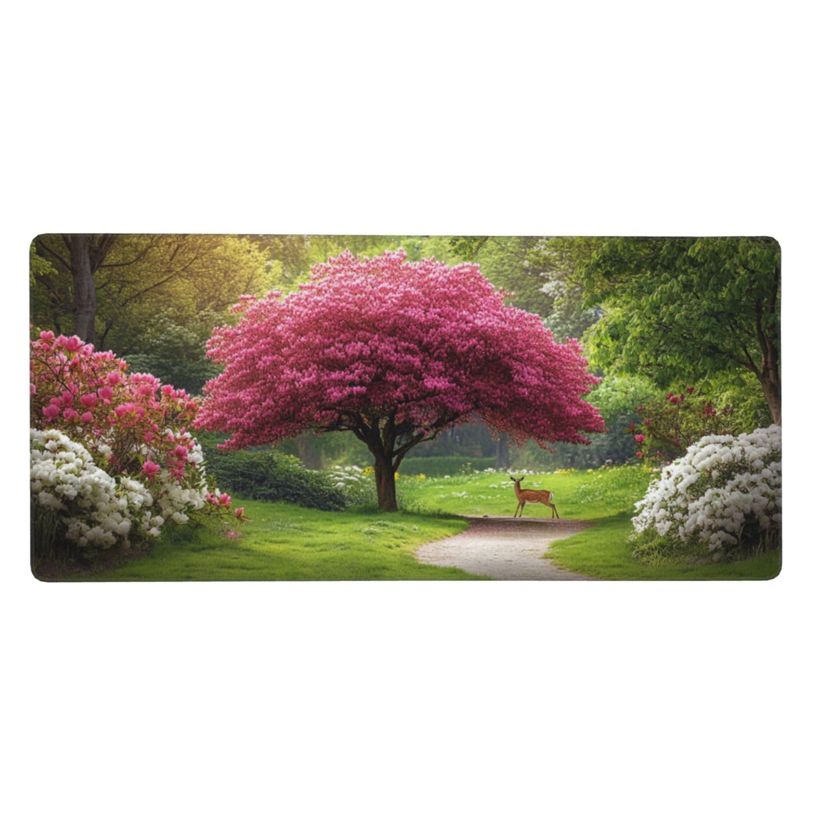 Tappetino Mouse XXL Albero Rosa & Cervo, 120 x 60 cm Decorazione G363 | Tappetino per Mouse, Base in Gomma Antiscivolo, Superficie Impermeabile, Bordi Cuciti, Tappetino Scrivania per Ufficio, Gioco