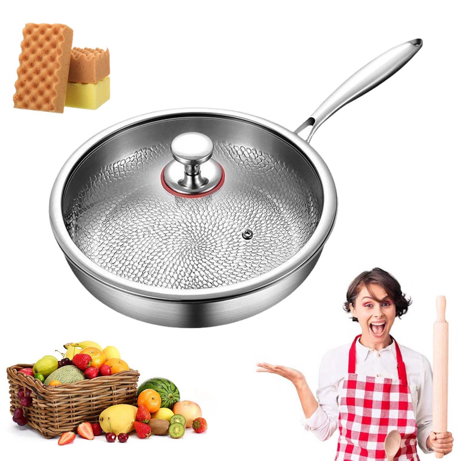 26/28/30cm Sartén De Titanio, Sarten Titanio Puro Antiadherente, Sarten Acero 304 y Titanio, Fondo De Olla De 5 Capas, Incluso Calentamiento, Compatible Con Inducción (26cm)