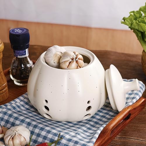Miniatura 7 de BosilunLife Contenedor de ajo para mostrador  Contenedor de ajo con tapa, soporte grande de cerámica para cocina, soporte de ajo para encimera para