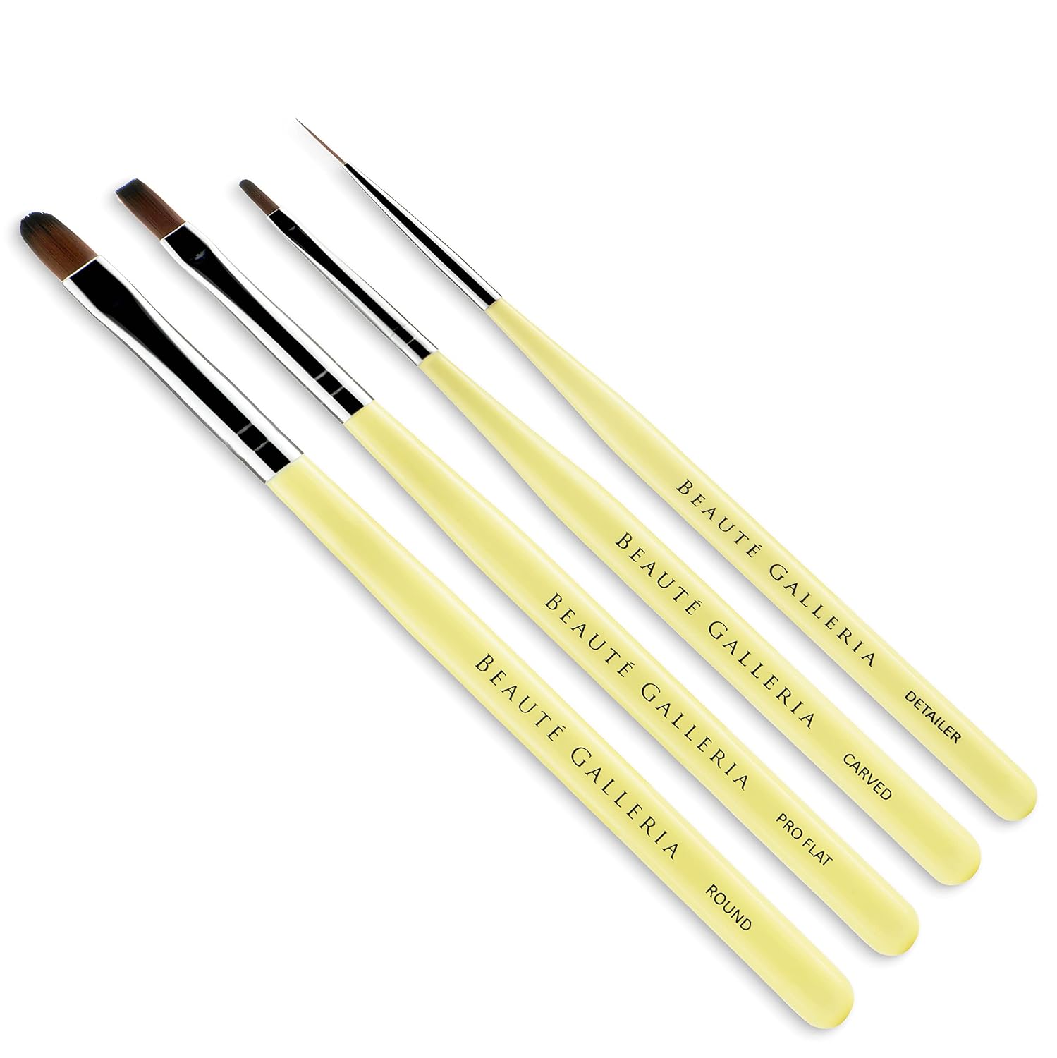 Beaute Galleria 4-Piece UV Gel Nail Art Brush Set - Pro Flat, Carved, Detailer, Round for Fine Line, Detailer, Outline, Striping, Polygel Nails, Gel Sculpting, Nail Tips