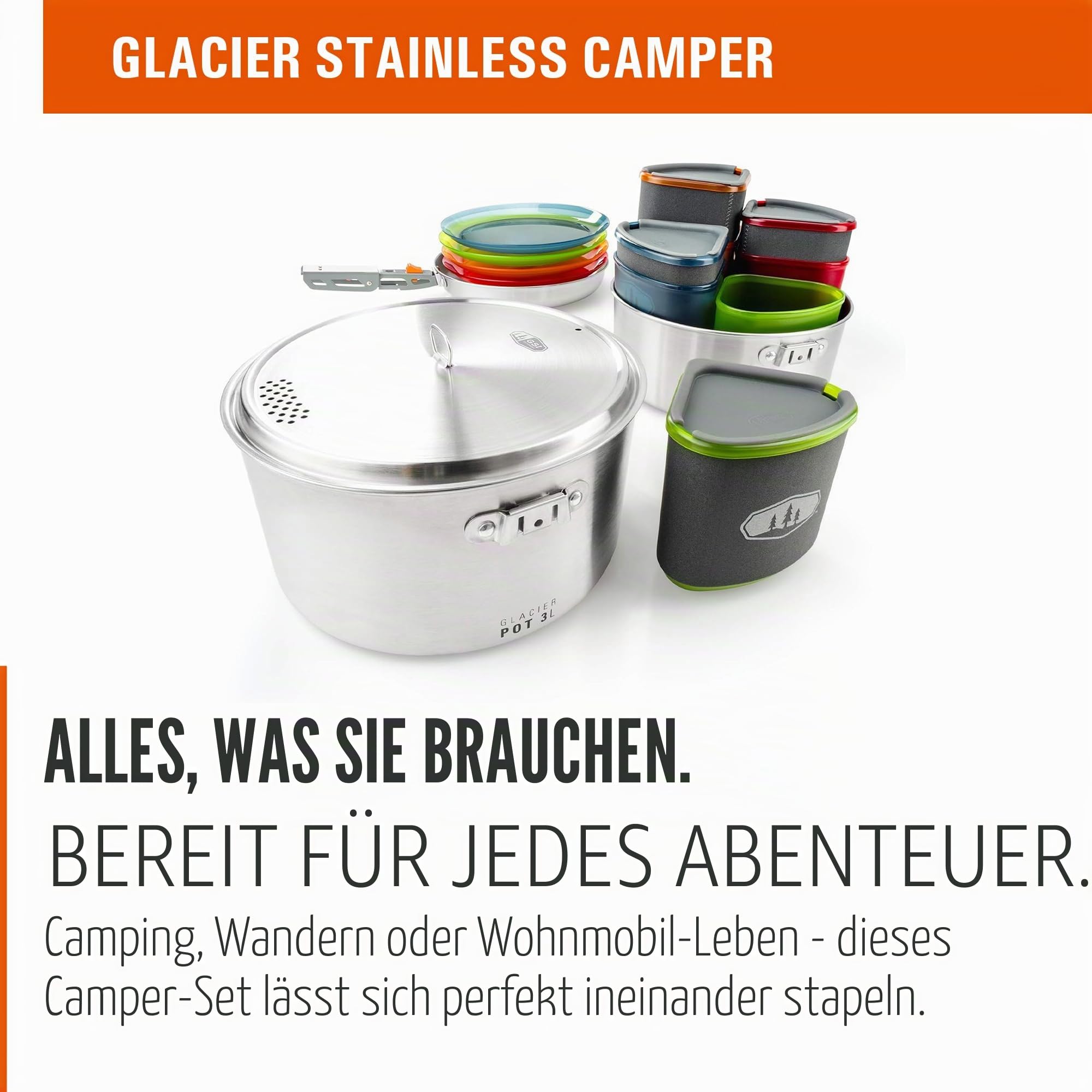 GSI Outdoors Glacier Edelstahl Camper 4 Personen Packable Kochgeschirr & Geschirr Set für Camping oder Rucksackreisen