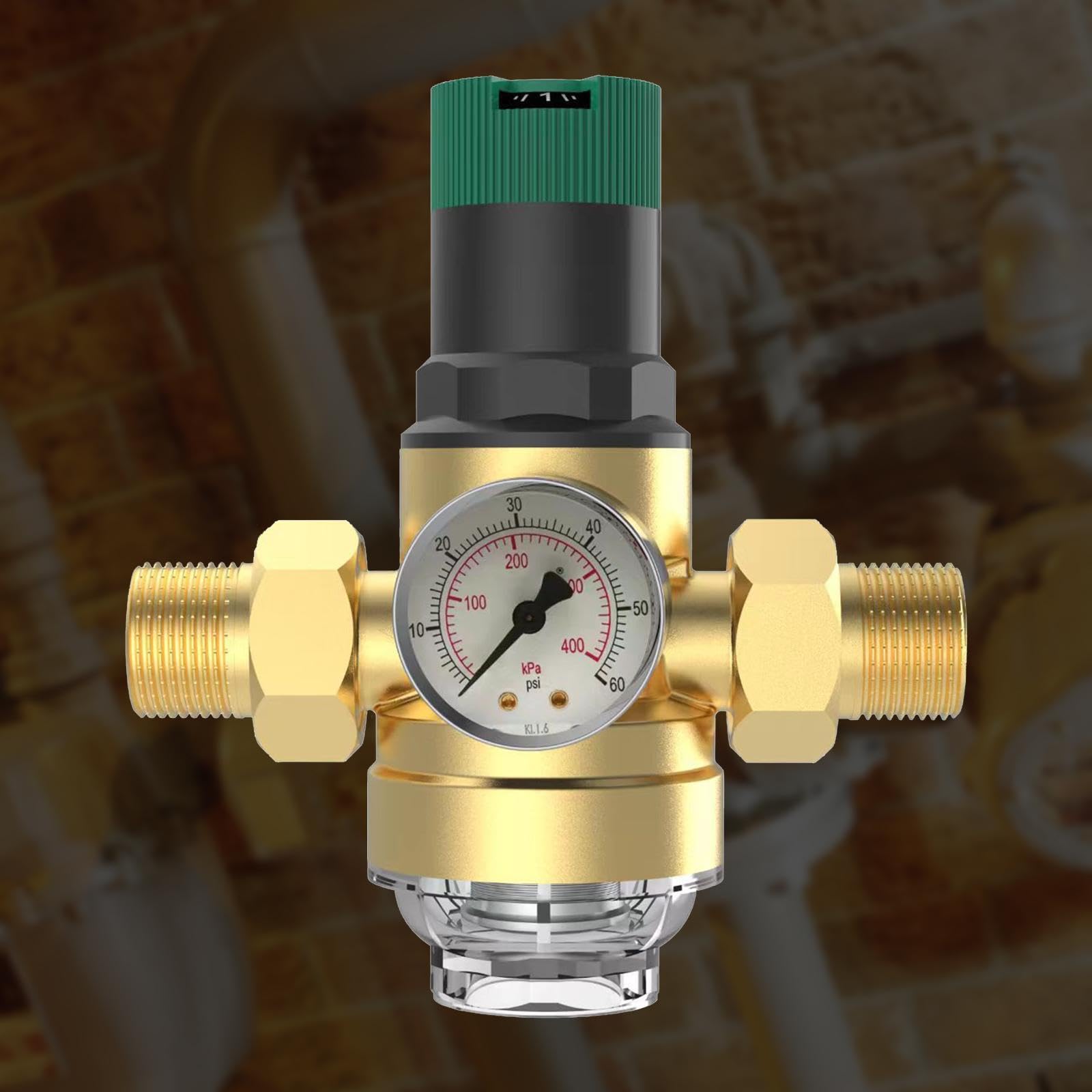 Regulador de Presión de Agua Válvula con Indicador Ajustable Latón Anticorrosión con Filtro Evita Ruidos Ahorra Factura Protege Electrodomésticos, DN20