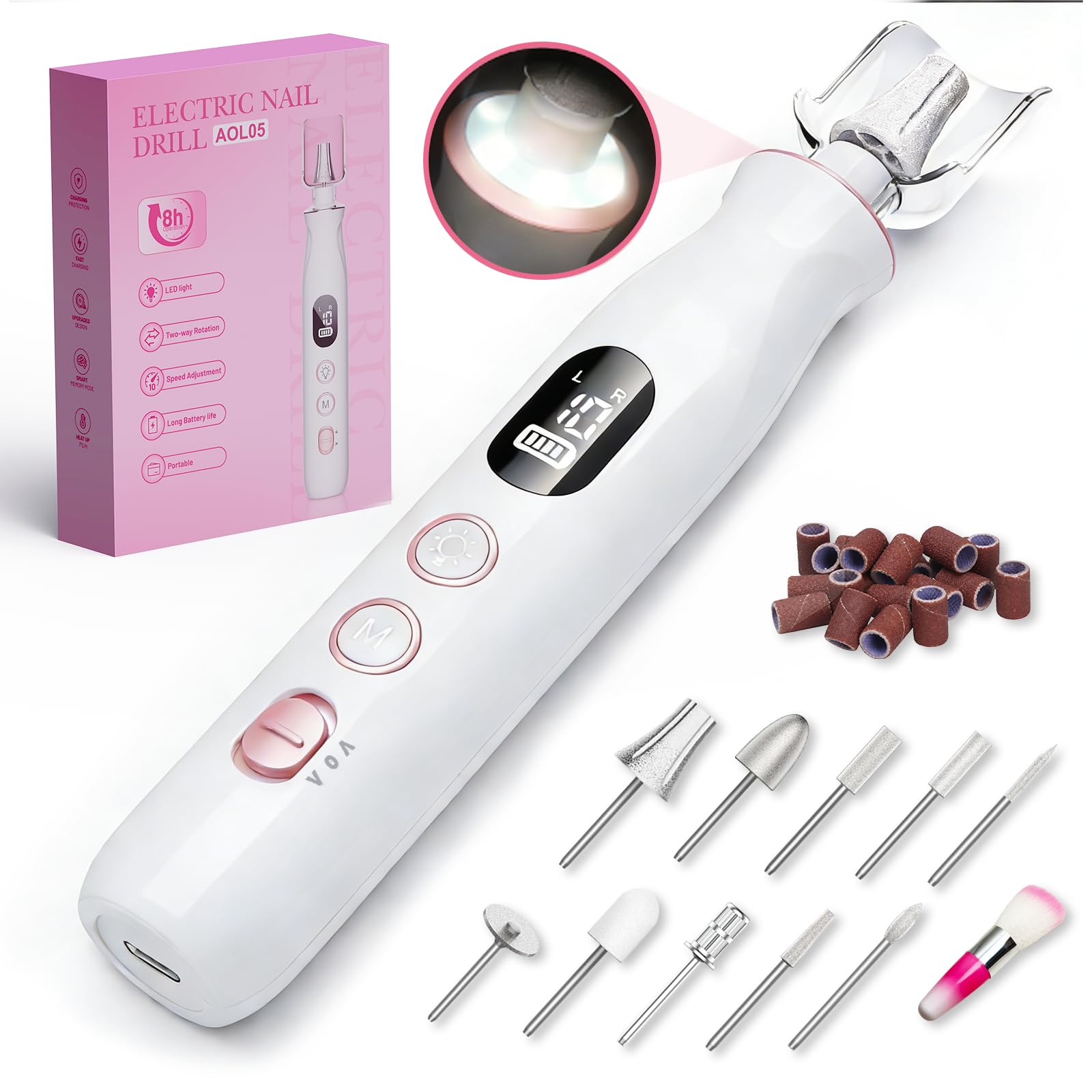 Kit de taladro de uñas, lima eléctrica inalámbrica blanca con 10 velocidades, 10 puntas y luz LED, para uñas acrílicas, eliminación de esmalte de gel y uñas gruesas de los pies, fácil para
