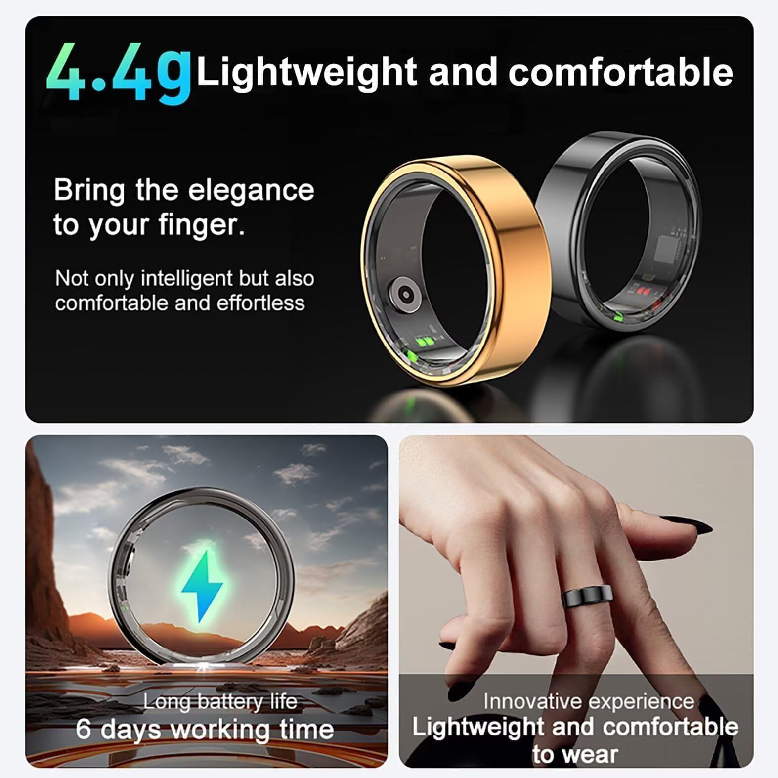 Smart Ring Fitness Tracker Anello per uomo e donna Smart Ring Android Smartring Fitness Tracker Anello Sonno Anello Salute Uomo Contapassi Fitness Tracker Cardiofrequenzimetro Sport Oro Rosa Nero