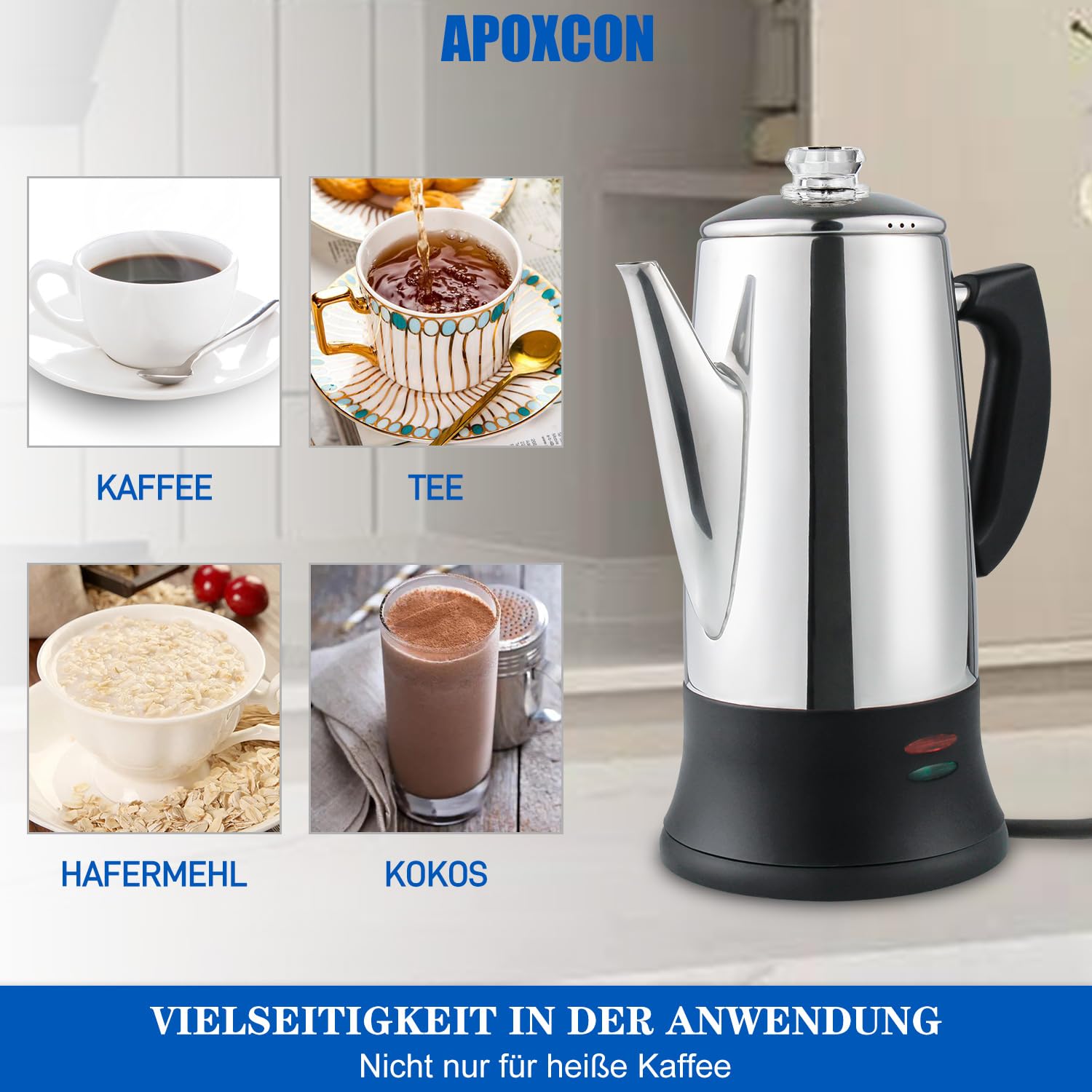 APOXCON Elektrischer Kaffee Perkolator für 12 Tassen, Schnellbrüh-System mit hitzebeständigem Glasknopf für Zuhause und Büro, Kabellos, CE-Zertifiziert