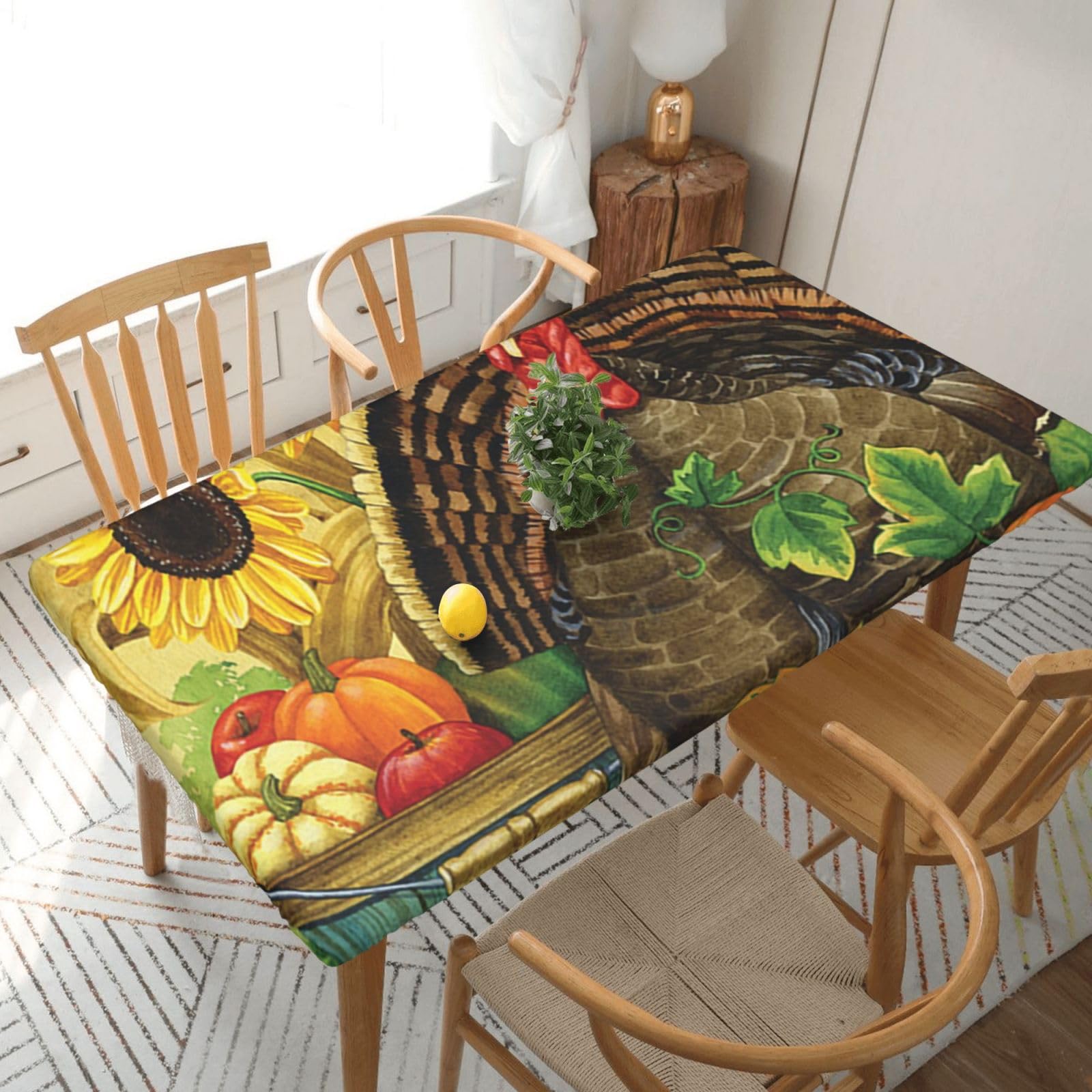 DCEHGEW Elastic Fitted Rectangle Tablecloth for 5ft Tables, Thanksgiving Turkey Pumpkin Printed Oilproof & Washable Fabric Picnic Table Cloth Table Covers