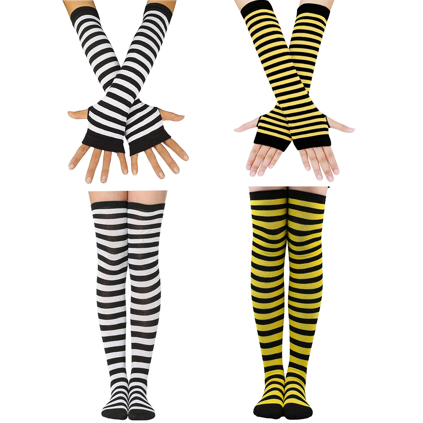 TSWRK 4Pairs Women's Long Arm Warmers Fingerless Gloves Over The Knee Striped High Tight Socks Set,White and Yellow