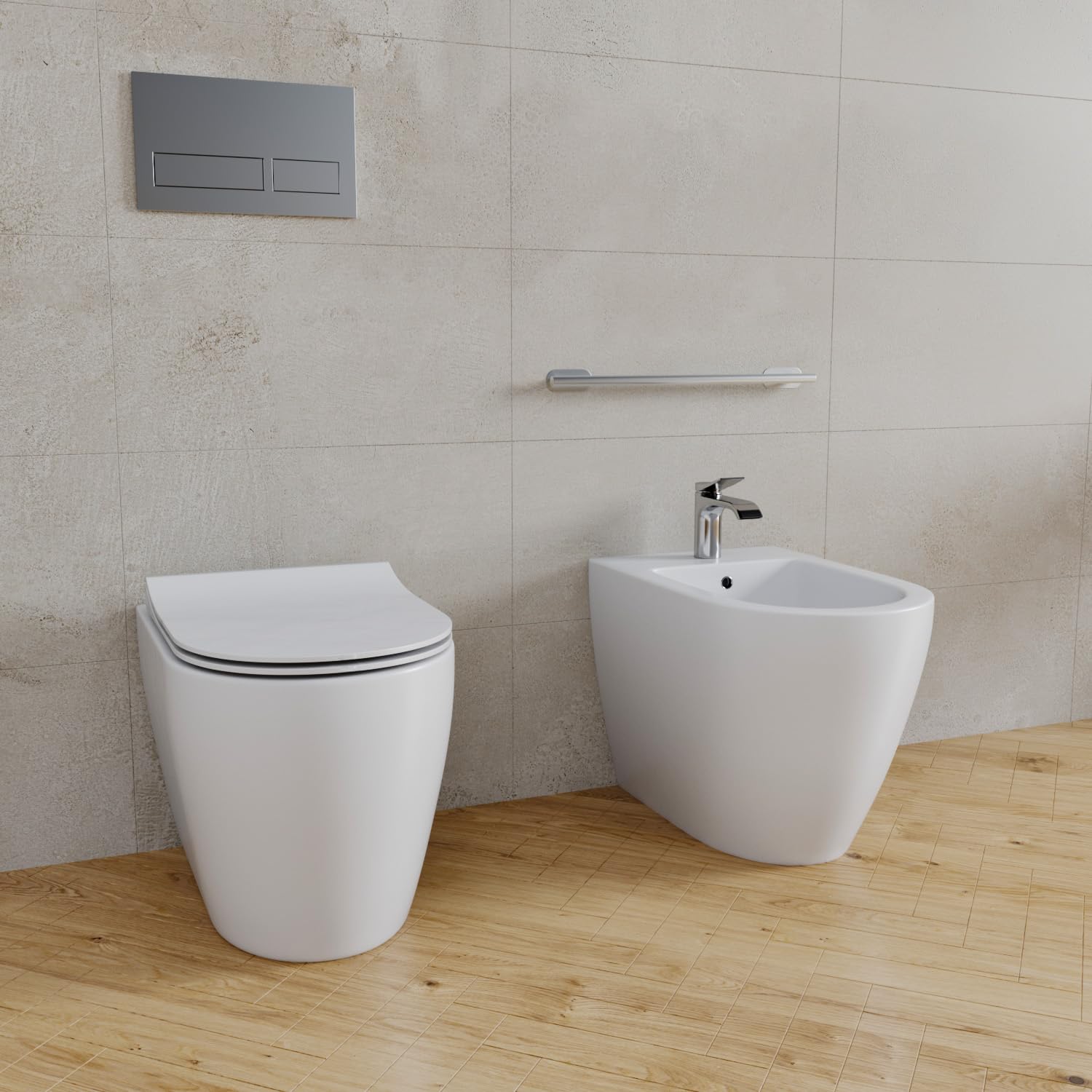 BRICOZONE Coppia Sanitari Filomuro Vaso WC Rimless Senza Brida E Bidet In Ceramica Filo Muro Filo Parete Design Moderno Con Copriwater Chiusura Soft Close Chiusura Rallentata (Bianco opaco)