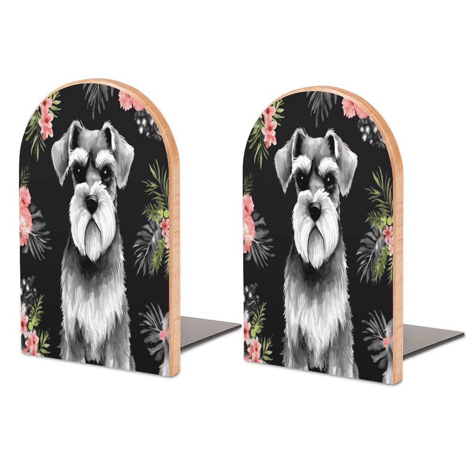 Schnauzer Bookend for Shelves Non-Skid Book Holder Modern Heavy Duty Bookend Stopper Metal Base Wood Book End Books Shelf Holder Home Decorative 1pair 5x3.9x3.1