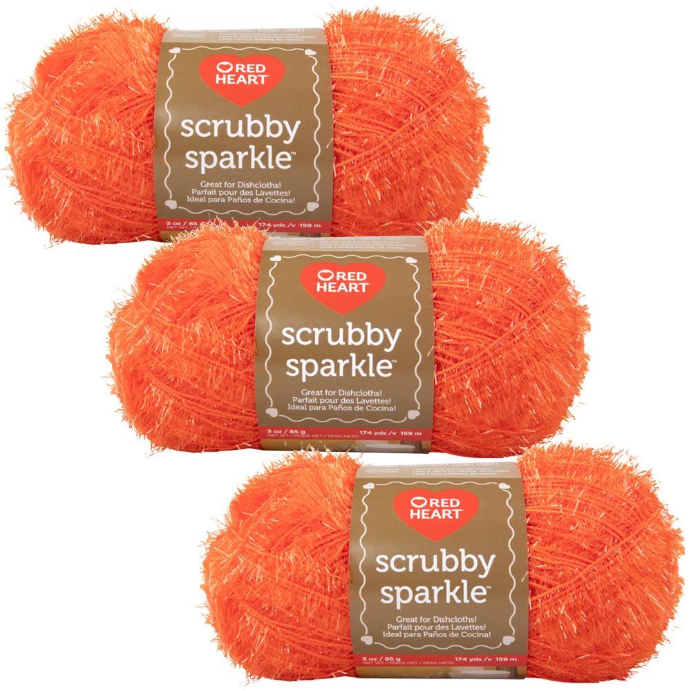Craft County 3 Pack Sparkle Scrubby Yarn – Polyester Fibrous Yarn for Knitting and Crochet – Orange