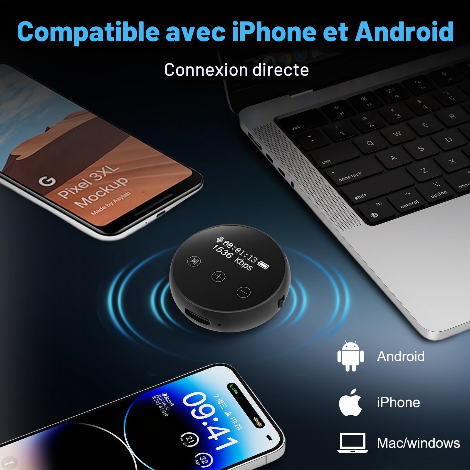 64GB Micro Espion Ecoute a Distance, avec Triple Réduction du Bruit DSP, Dictaphone Vocalet Activation, Mot de Passe, Enregistreur Vocal Espion Discret pour Cours, Réunions, Entretiens