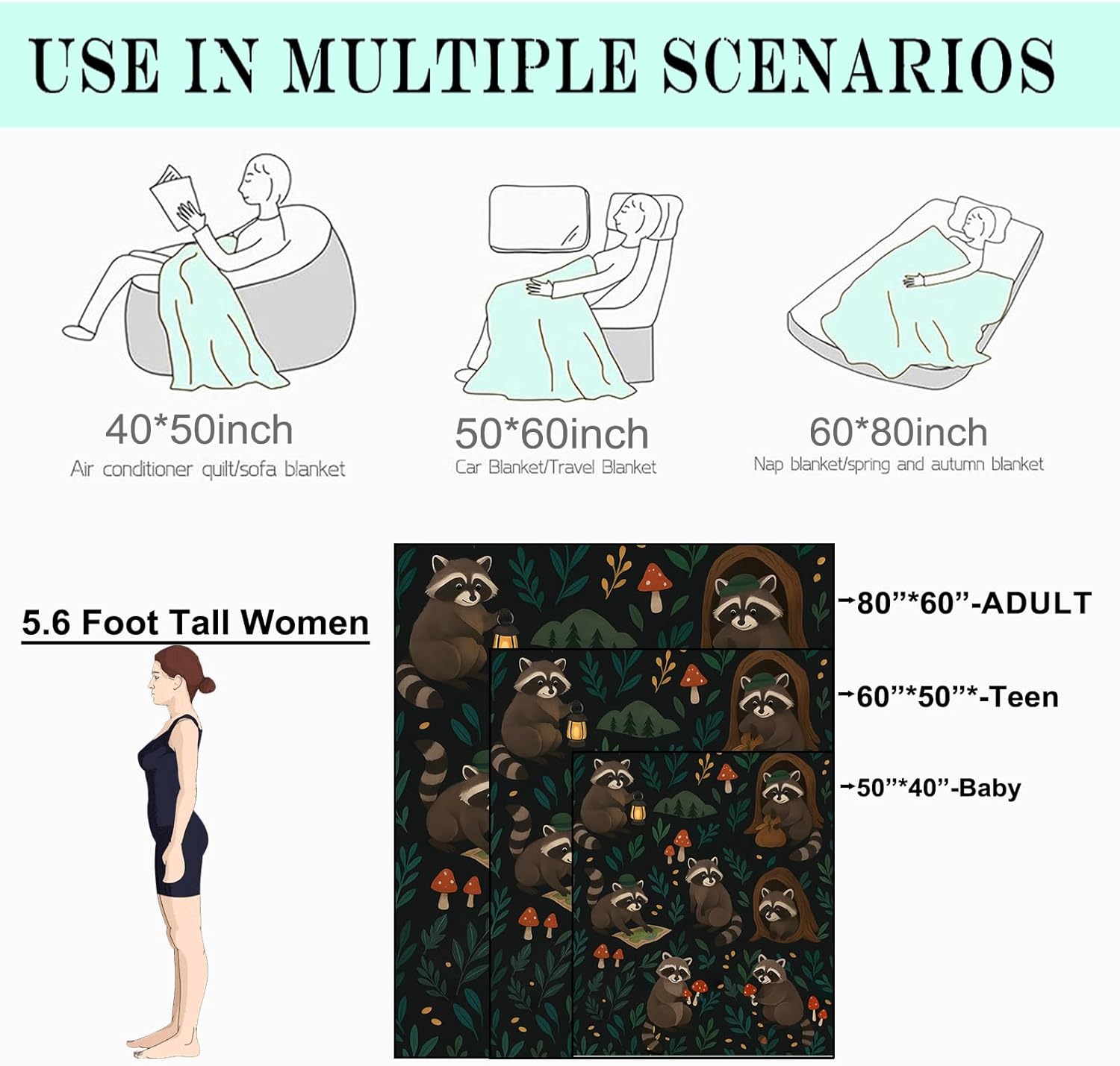 Camping Raccoon Fleece Blanket,50x60in,Cute Forest Map Mushroom Lantern Throw Blankets,Soft Cozy Lightweight, Ideal for Bed Living Room Home Decor,Kids Gifts - Image 3