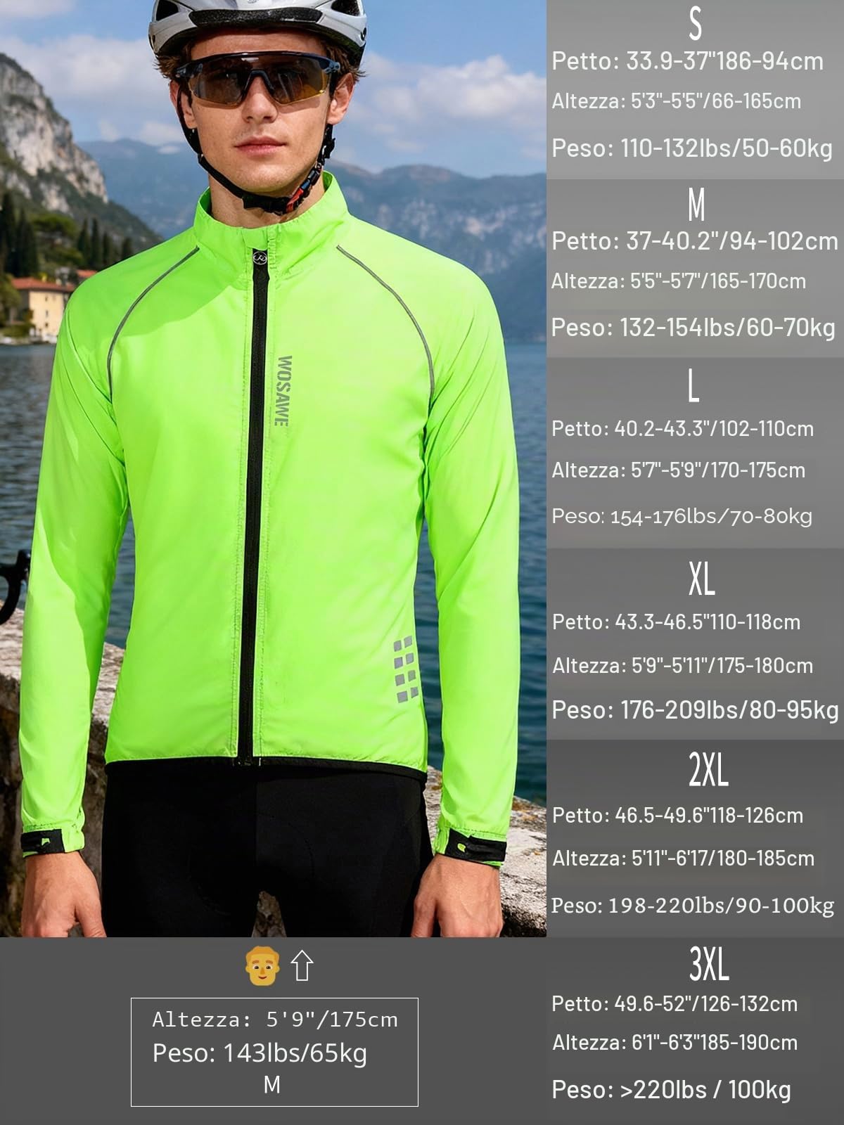 WOSAWE Giacca da corsa da ciclismo da uomo impermeabile e riflettente, giacca a vento leggera, giacca da bicicletta antivento(Verde XL)