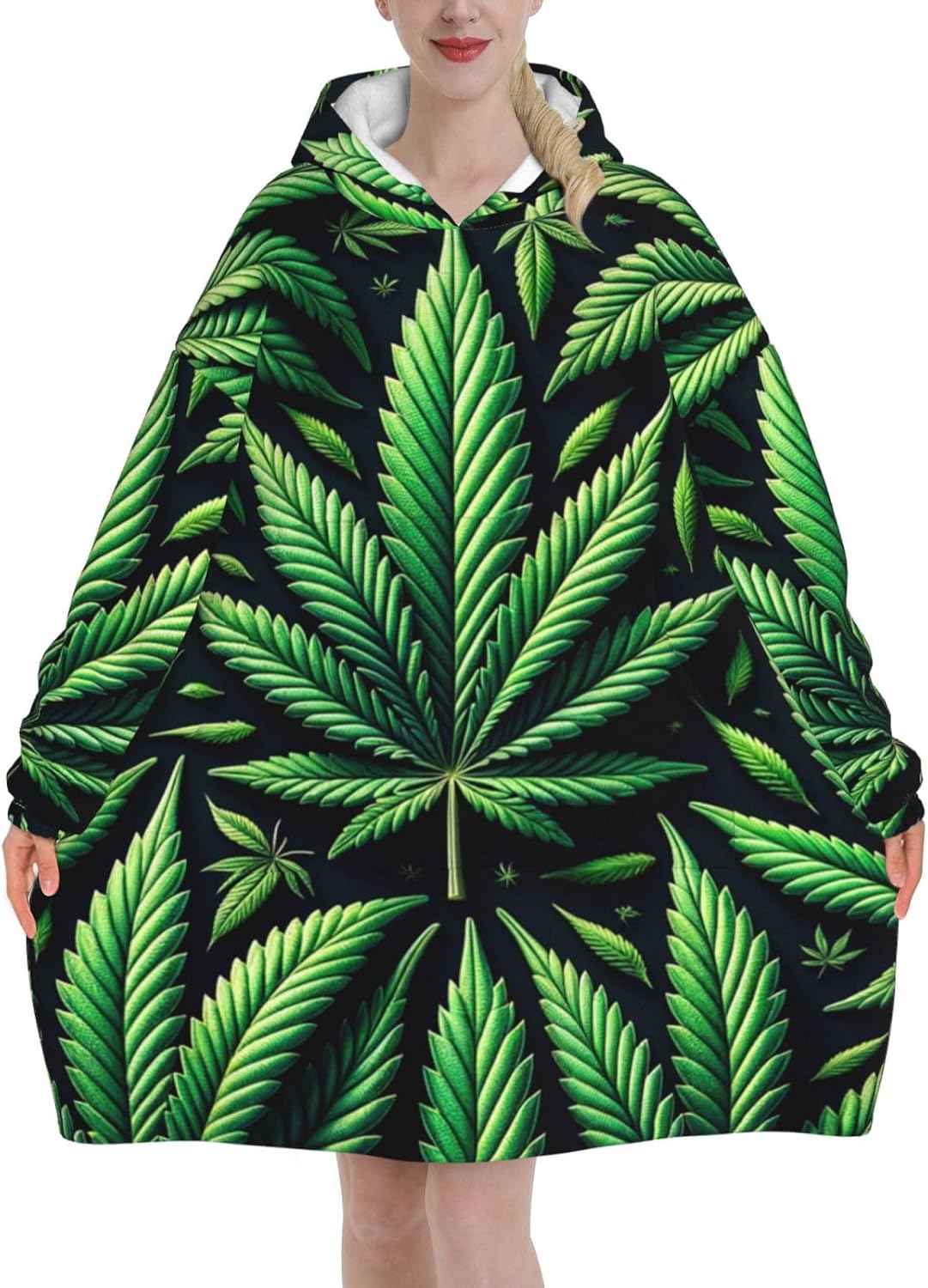 Augenstern Oversized Adult Long Sleeve Flannel Hoodie Blanket Marijuana-Leaves-Green Soft Fuzzy Hooded Sweatshirt Lounging Pullover