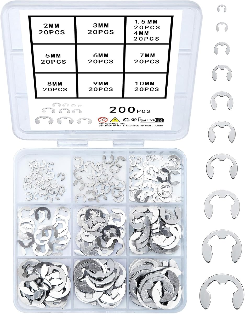 wugongshan 200 Pcs E-Clip Circlip External Retaining Rings, Stainless Steel E-Clips Assortment Kit, 10 Sizes External Circlip Snap Rings Retaining Clips Set - M1.5/M2/M3/M4/M5/M6/M7/M8/M9/M10