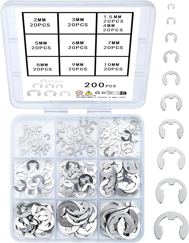 wugongshan 200 Pcs E-Clip Circlip External Retaining Rings, Stainless Steel E-Clips Assortment Kit, 10 Sizes External Circlip Snap Rings Retaining Clips Set - M1.5/M2/M3/M4/M5/M6/M7/M8/M9/M10