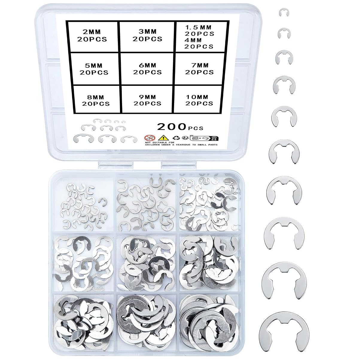 200 Pcs E-Clip Circlip External Retaining Rings, Stainless Steel E-Clips