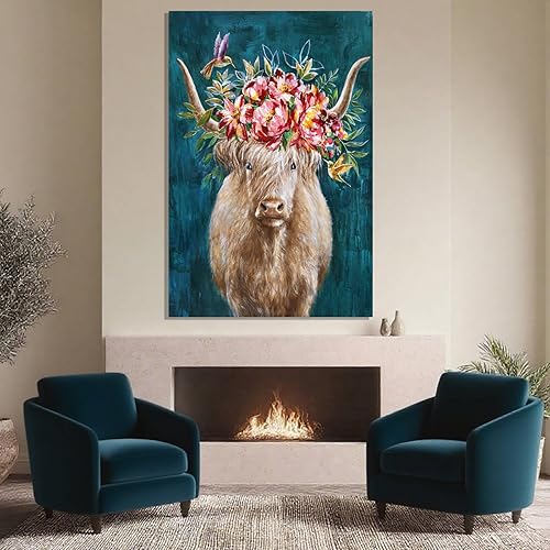 Miniatura 3 de ZENPEE Arte de pared moderno abstracto de animales, arte de pared de vaca de las tierras altas azul, decoración rústica de granja en lienzo para