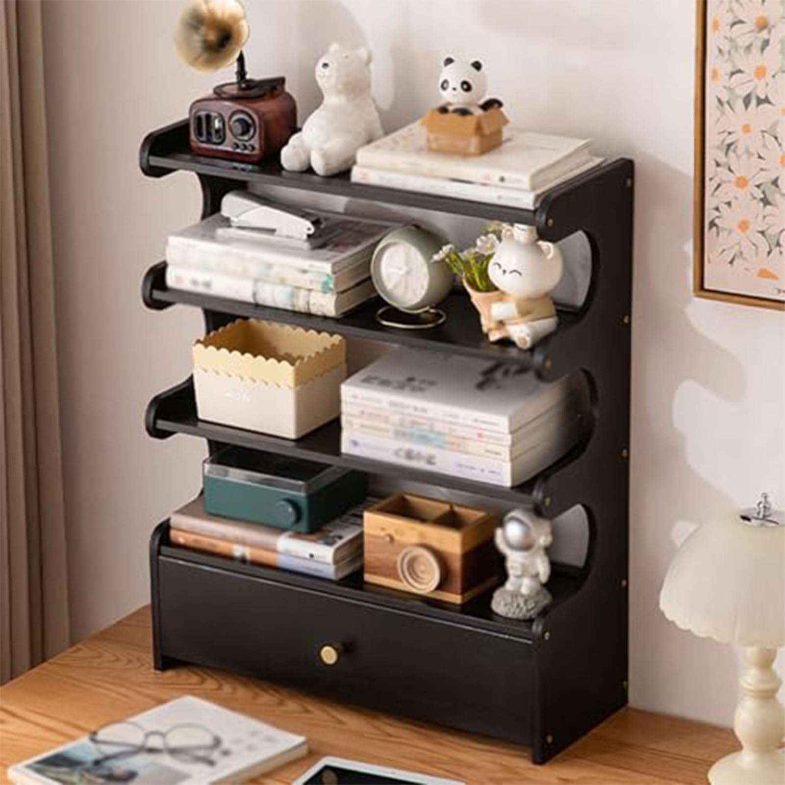 3/4-stöckiges Bambus-Schreibtischregal Mit Schublade, Ablagefläche Für Die Arbeitsplatte, Organizer Für Bücher, Bürobedarf, Homeoffice, Arbeitszimmer, Schlafzimmer(B,4-layer(50*19*62CM))