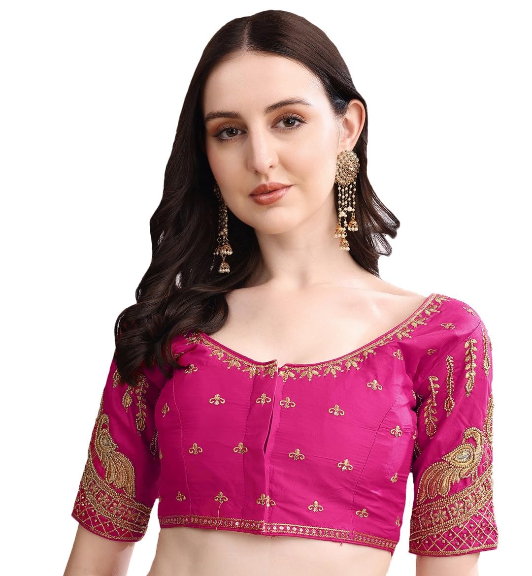 Womens Round Neck Half Sleeve Malai Satin Khatali Work Blouse Readymade || Size : 38 || Occasion : Wedding Reception Indian Ethnic Comfortable fit-image-13