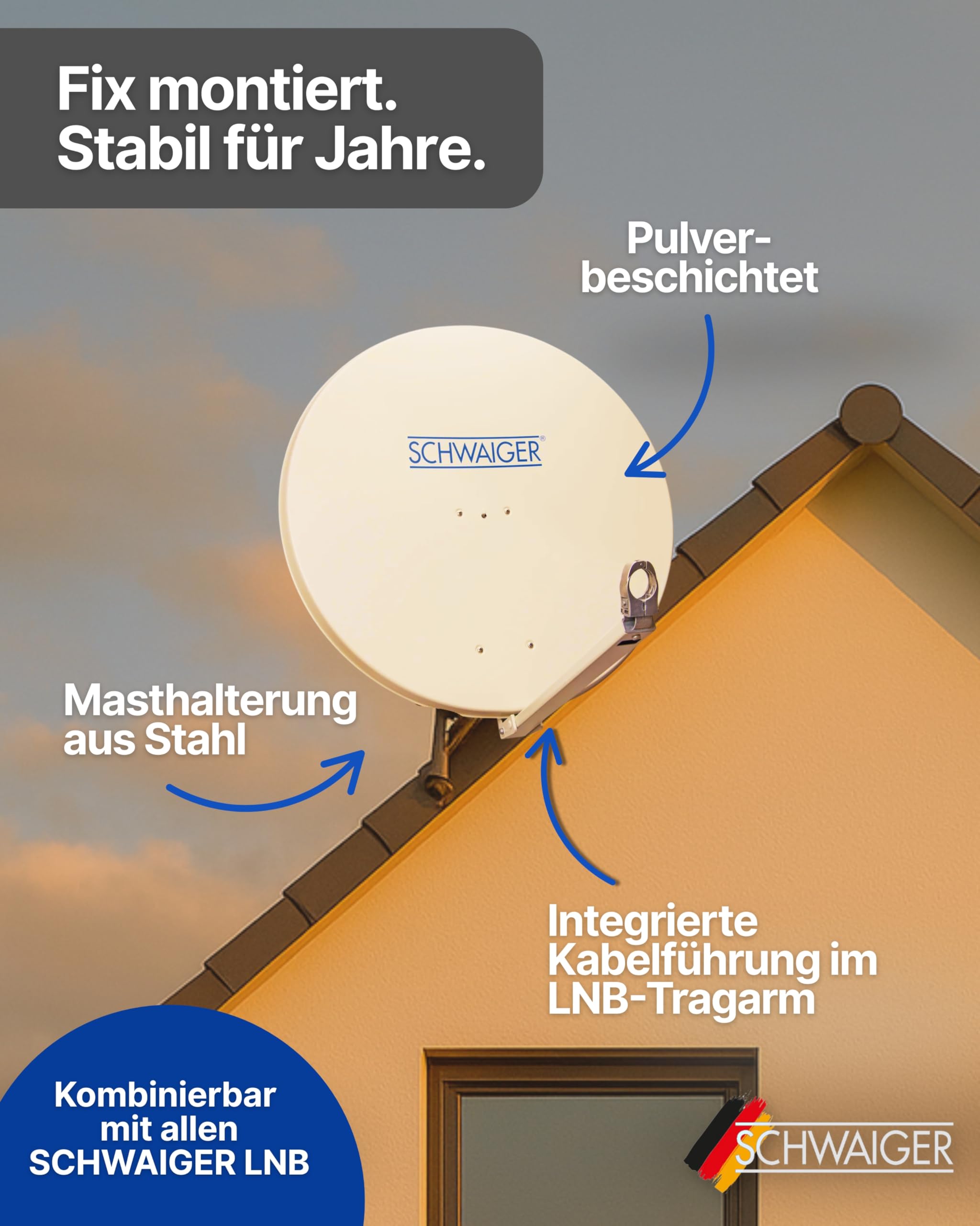 SCHWAIGER Satellitenschüssel I Ø 90 cm Aluminium Offset Antenne in hellgrau I Multifeed geeignet & wetterfest I SAT Schüssel mit LNB Tragarm & Masthalterung I maximale Empfangsleistung 39,5dB