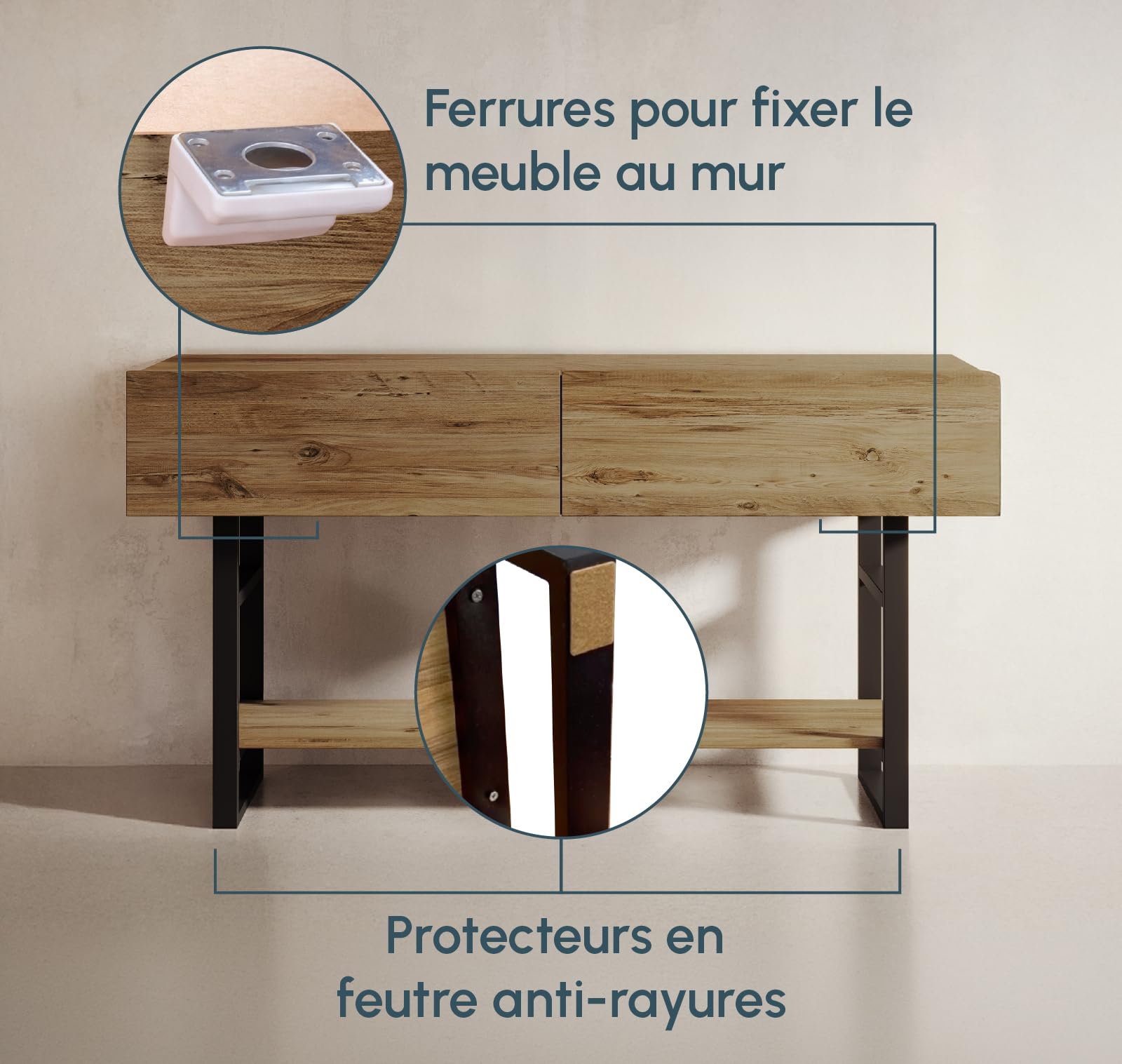 MB Muebles Bonitos, Meuble d’Entrée Factory R1 Design Industriel, Console pour Entrée, Structure en Acier Noir Mat, Mélamine Couleur Pin Atlantique, 139x75x43 cm
