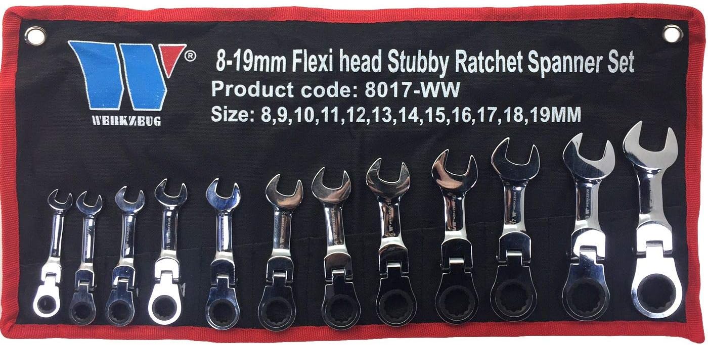 Welzh Werkzeug 12 Piece Flexi Head Stubby Ratchet Spanner Set 72 Teeth 8-19mm