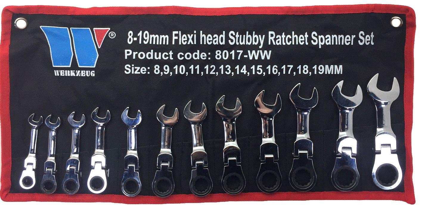 Welzh Werkzeug 12 Piece Flexi Head Stubby Ratchet Spanner Set 72 Teeth 8-19mm