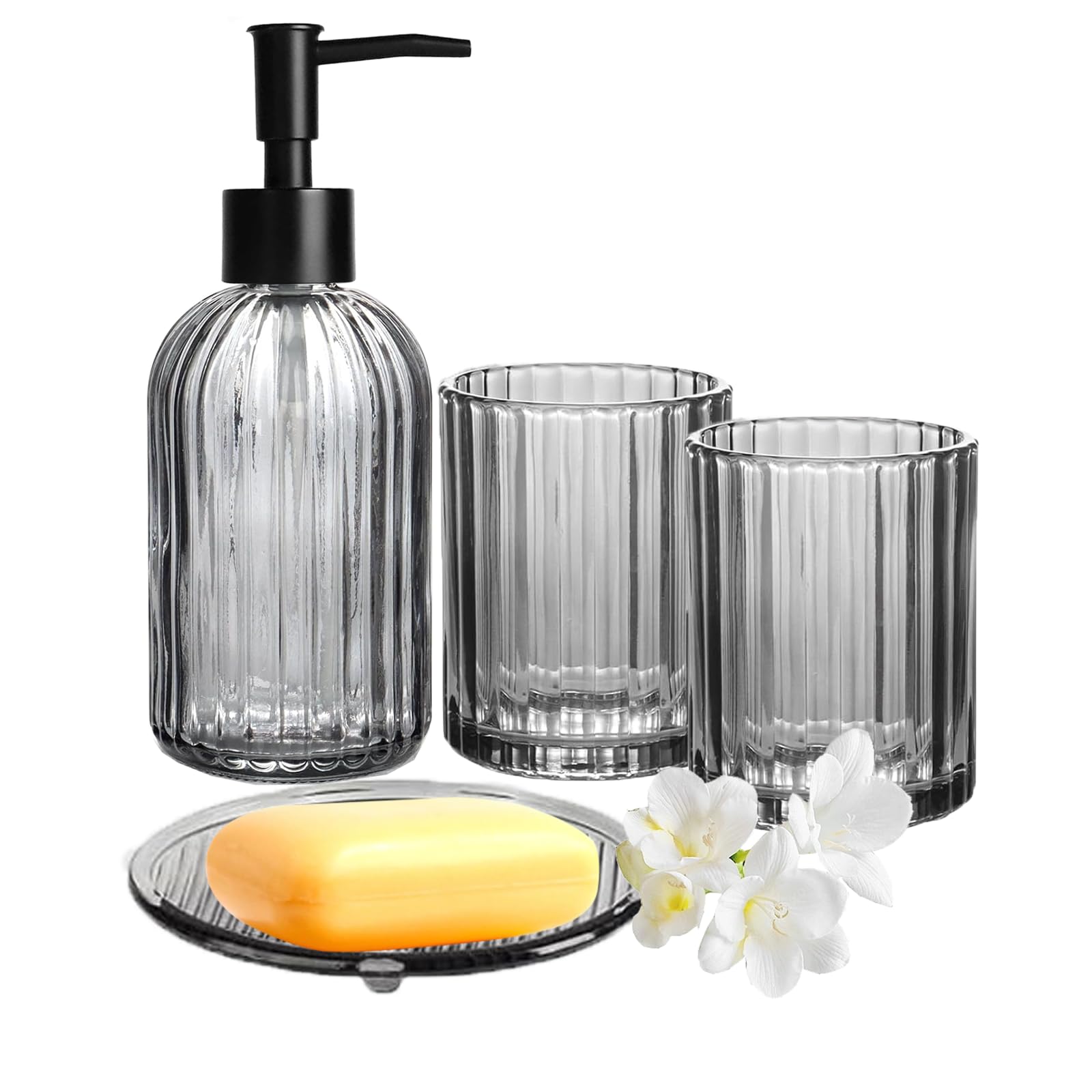 Gray Bathroom Accessory Set, Complete Set Made of Clear Glass, Consisting of Soap Dispenser, Toothbrush Holder, Mouthwash Cup, and Soap Dish for Organizing the Bathroom Cabinet