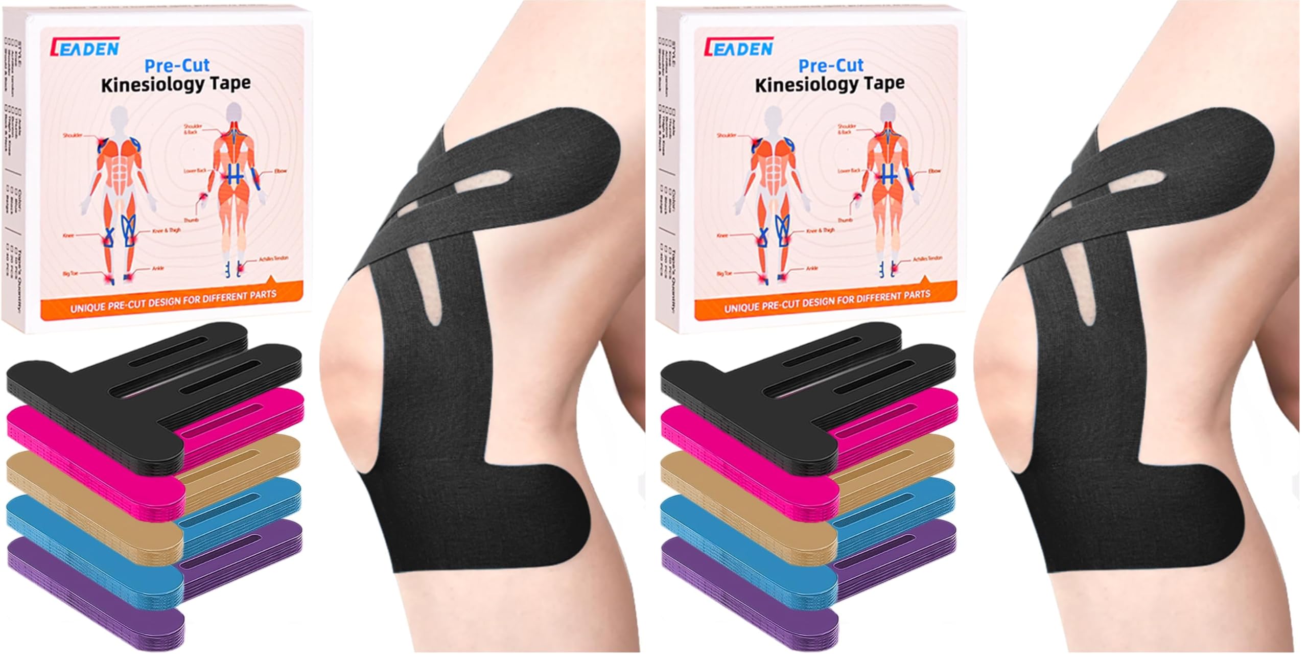 Precut Kinesiology Tape for Knees, 10 Pcs - Knee Support &amp; Stability, Knee Pain Relief Athletic Tape - Waterproof &amp; Elastic, Breathable Hypoallergenic Latex-Free Tape, Black (Pack of 2)