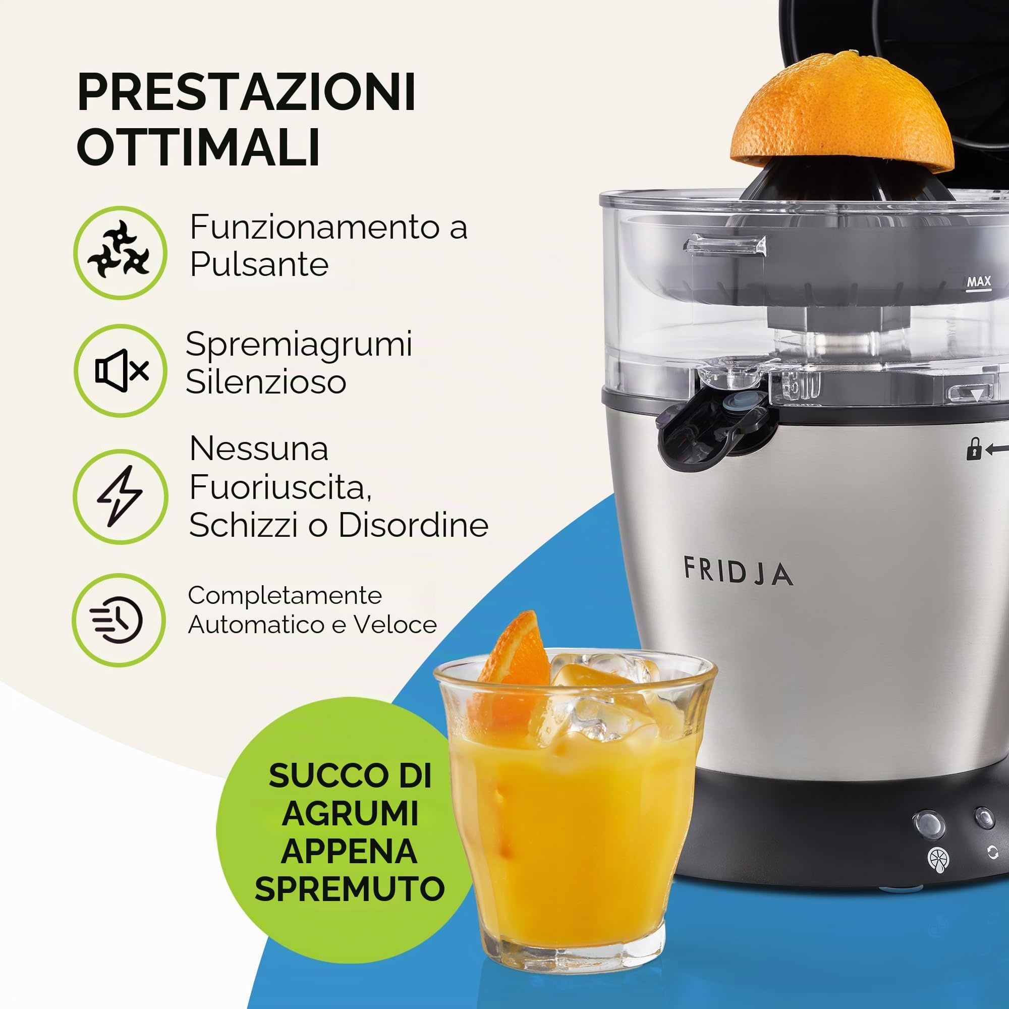 Spremiagrumi automatico (un pulsante per funzionare), senza fuoriuscite, senza schizzi, facile da pulire, spremiagrumi per succo appena spremuto, in acciaio inox, 50 W, 400 ml, Fridja f900