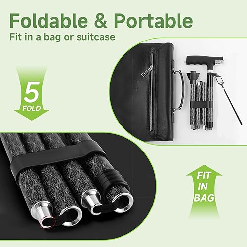 Miniatura 5 de Bastón de aleación de aluminio, con luz LED, ajuste de altura y plegable, agarre ergonómico contorneado, bastón todo terreno para hombresmujeres