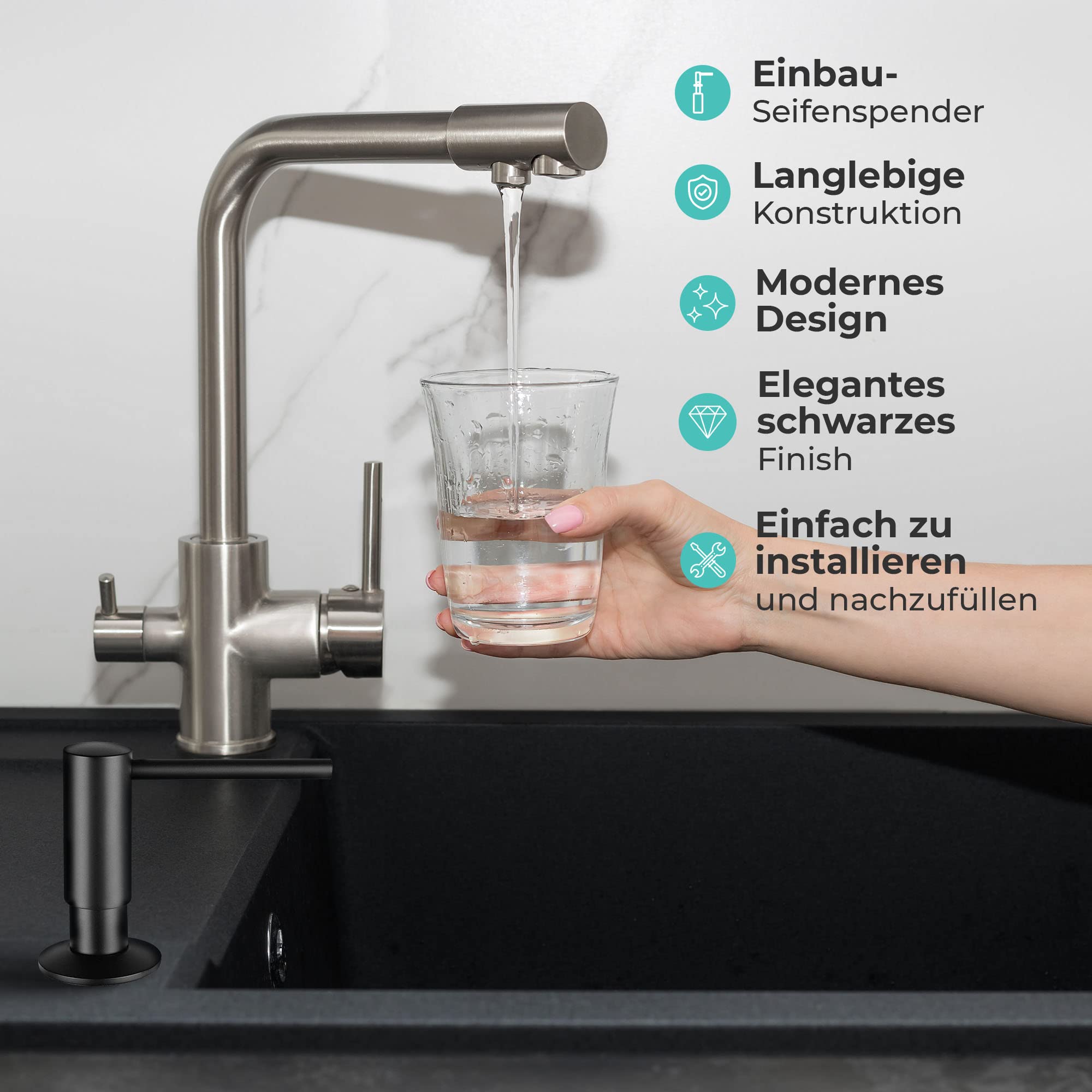 Mizzo Seifenspender zum Einbauen, 300 ml, für Spülmittel, Desinfektion, Lotion oder Flüssigwaschmittel, wiederaufladbar, Öffnung 26 – 31 mm, 360 ° drehbar, Schwarz