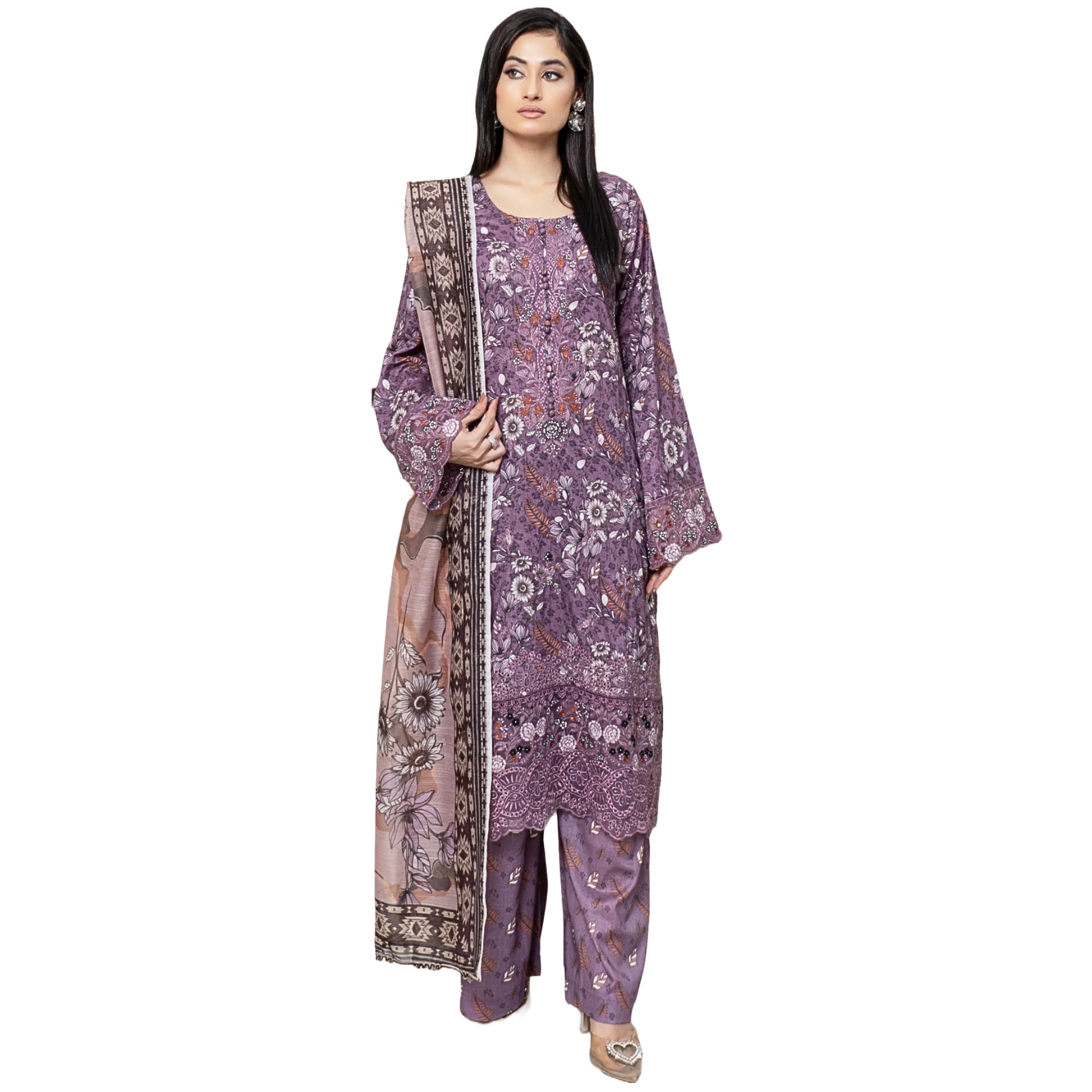 Womens Pakistani Ready to Wear Suit Embroidered Shirt Sleeves Printed Lawn Cotton Trouser Dupatta - C6D5