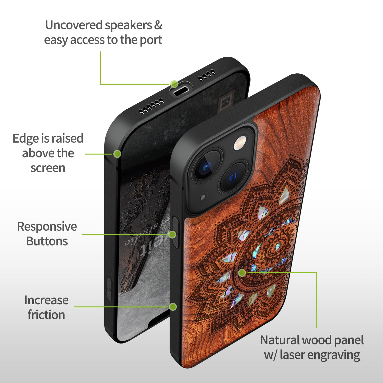 Carveit Custodia Compatibile con MagSafe per iPhone 13 Cover, Incisione in Legno e intarsio di cozze per Apple 13 Custodia Magnetico TPU Case (Rosea Legno-Arte del mandala)
