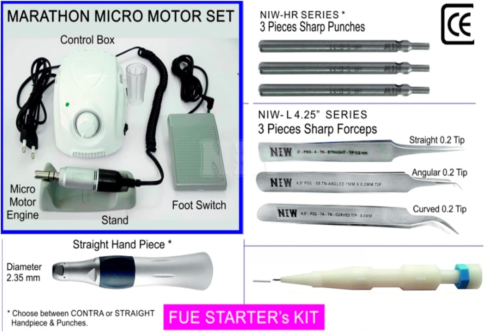 NIW FUE Hair transplant kit 113 Marathon Micro Motor Set, Hand Piece, 3 piece Herris Punch, 3 piece forceps, 3 piece Punch Cleaner