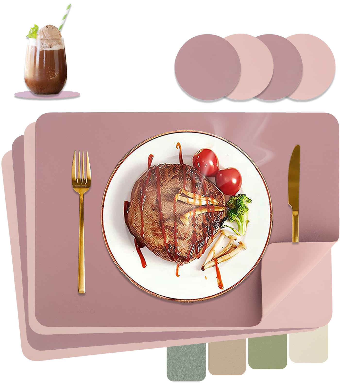 HELI MIAO Tischsets Abwaschbar,Platzsets Abwischbar,Tischset Leder,Hitzebeständig Doppelseitigen I 4er Set Platzdeckchen Lederoptik mit Untersetzer,Tischuntersetzer,Platzdecken Lila + Rosa