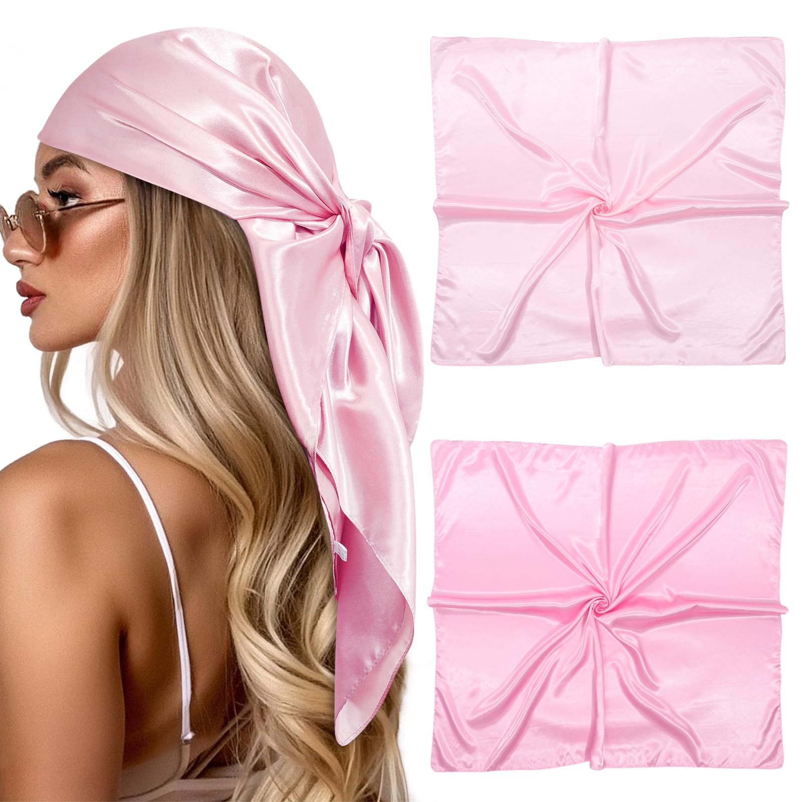 Bufanda grande de 35 pulgadas para la cabeza para mujer, bufanda de satén para la cabeza, 2 unidades, bufanda cuadrada de seda para el cabello, bufanda para el cuello, Rosa+rosa claro