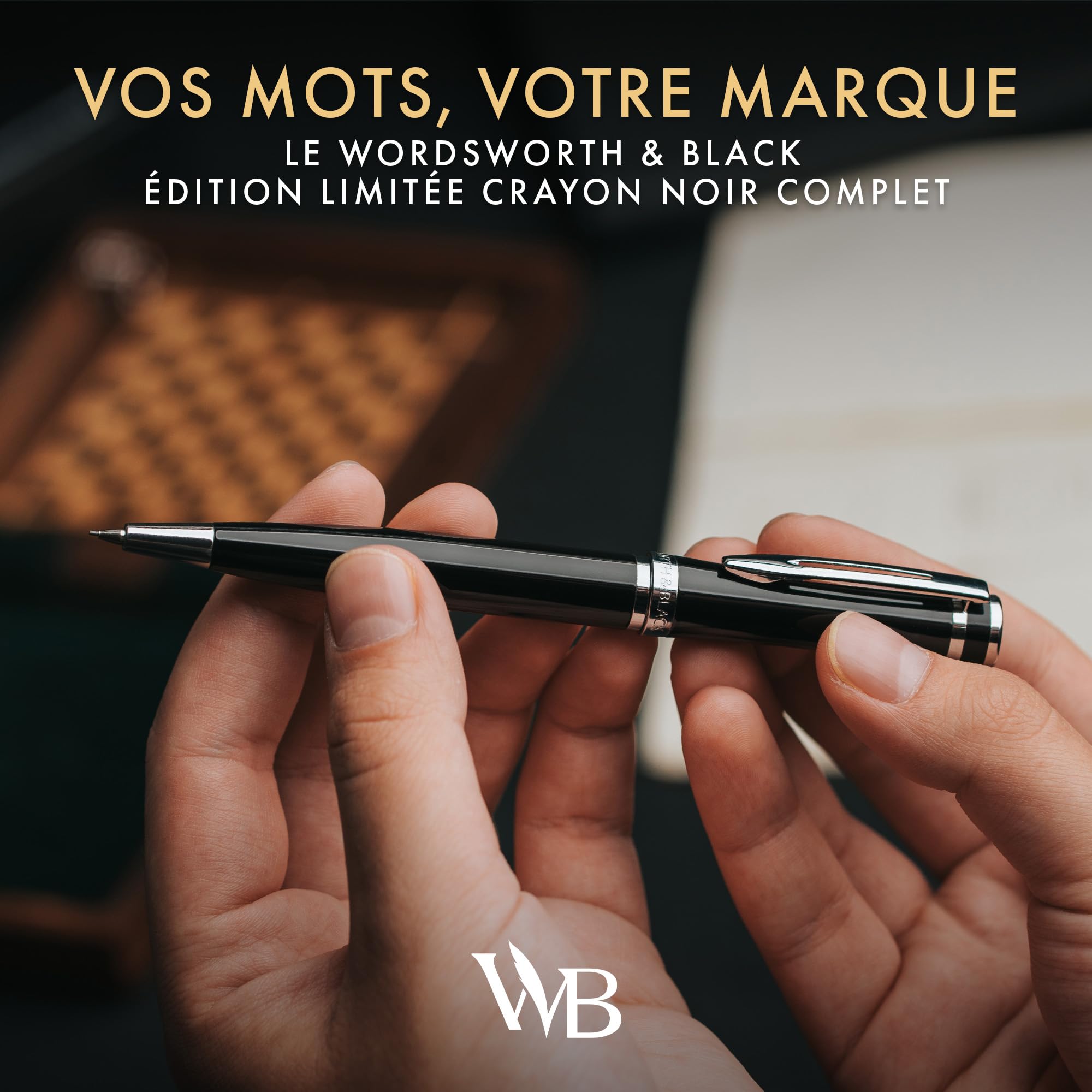 Wordsworth et Black Crayon Mécanique Mine de Graphite - Laque Noire avec Finition Chromée, Mine de 0,7 mm, Coffret Cadeau pour Hommes et Femmes, Crayons Professionnels de Bureau