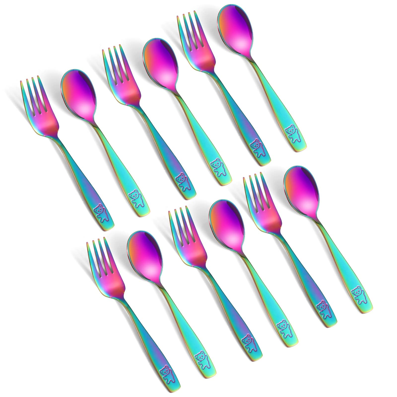 Pimoys Rainbow Silverware Set for Toddlers, Stainless Steel Dishwasher Safe Kids Cutlery, 12 Pieces Forks and Spoons