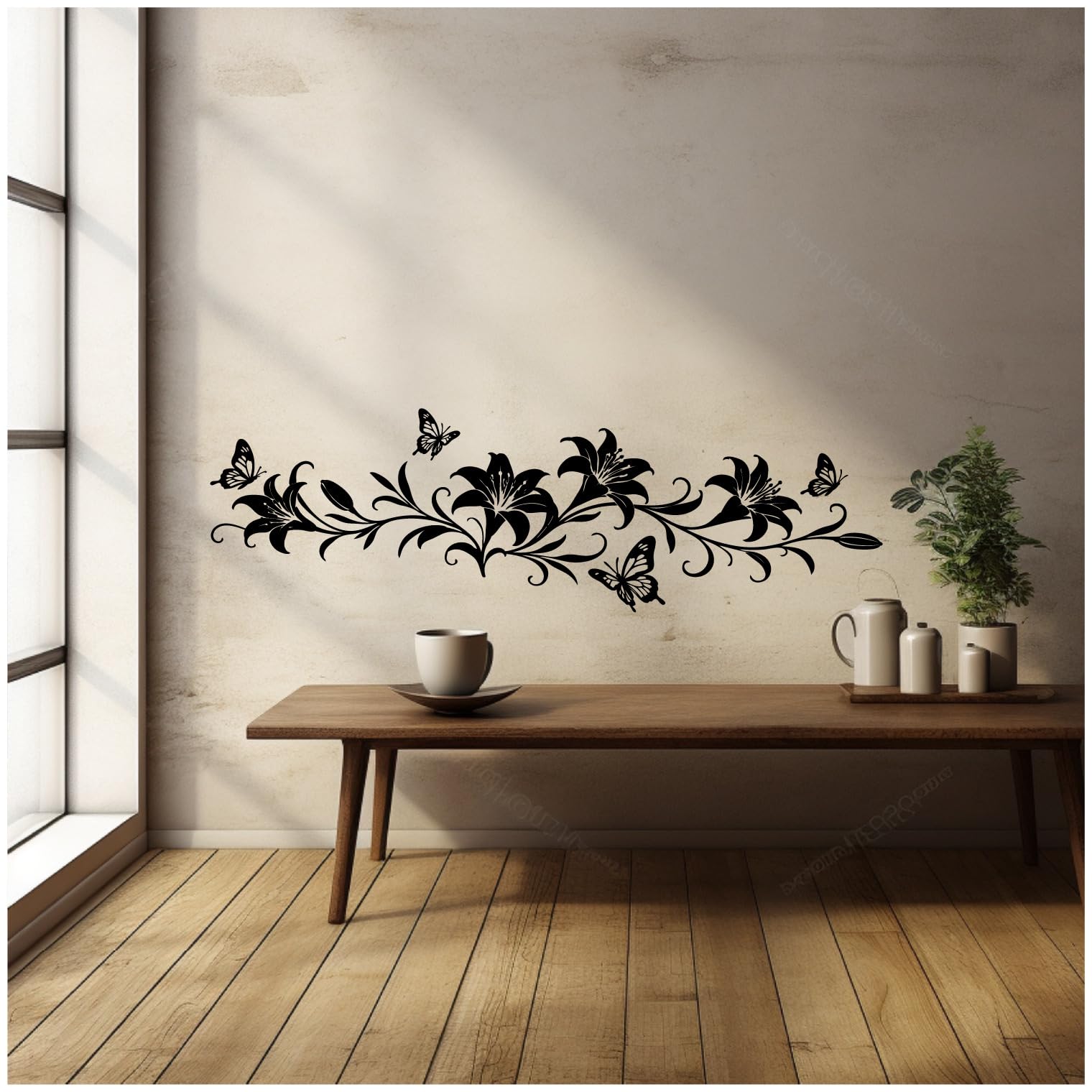 Samunshi® Wandtattoo Lilien Blumenranke länglich mit Schmetterlingen Elegante Blumen Wanddekoration Florales Wandmotiv für Wohnzimmer, Schlafzimmer, Flur und Küche gelb 150 x 51cm