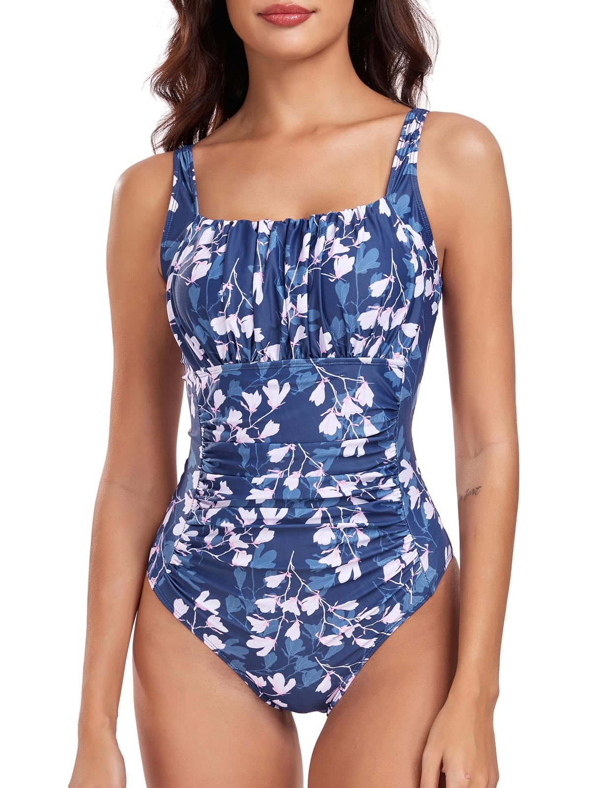 FLYILY Damen Einteilige Badeanzug Vintage Ruched Einteilige Bademode Swimsuit 1 Piece Badebekleidung Retro Ruched Bauchweg Badekleid