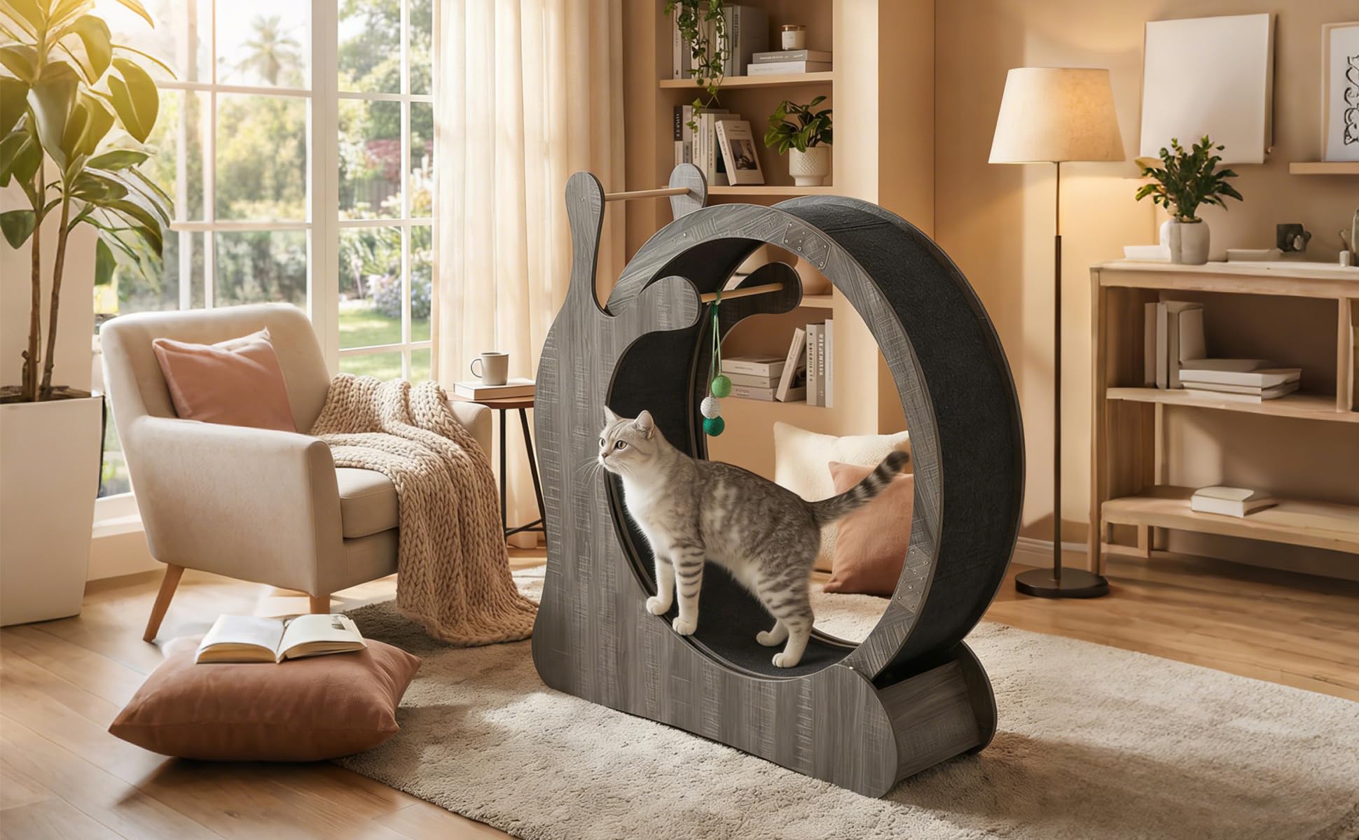 Leises Katzenlaufrad aus Holz für Wohnungskatzen, Katzenrad Ø 95cm mit Sisal-Kratzbrett, Herausnehmbarem Teppich & Spielbällen, Anti-Rutsch, Fördert Fitness & Abnehmen für Große Katzen, Grau