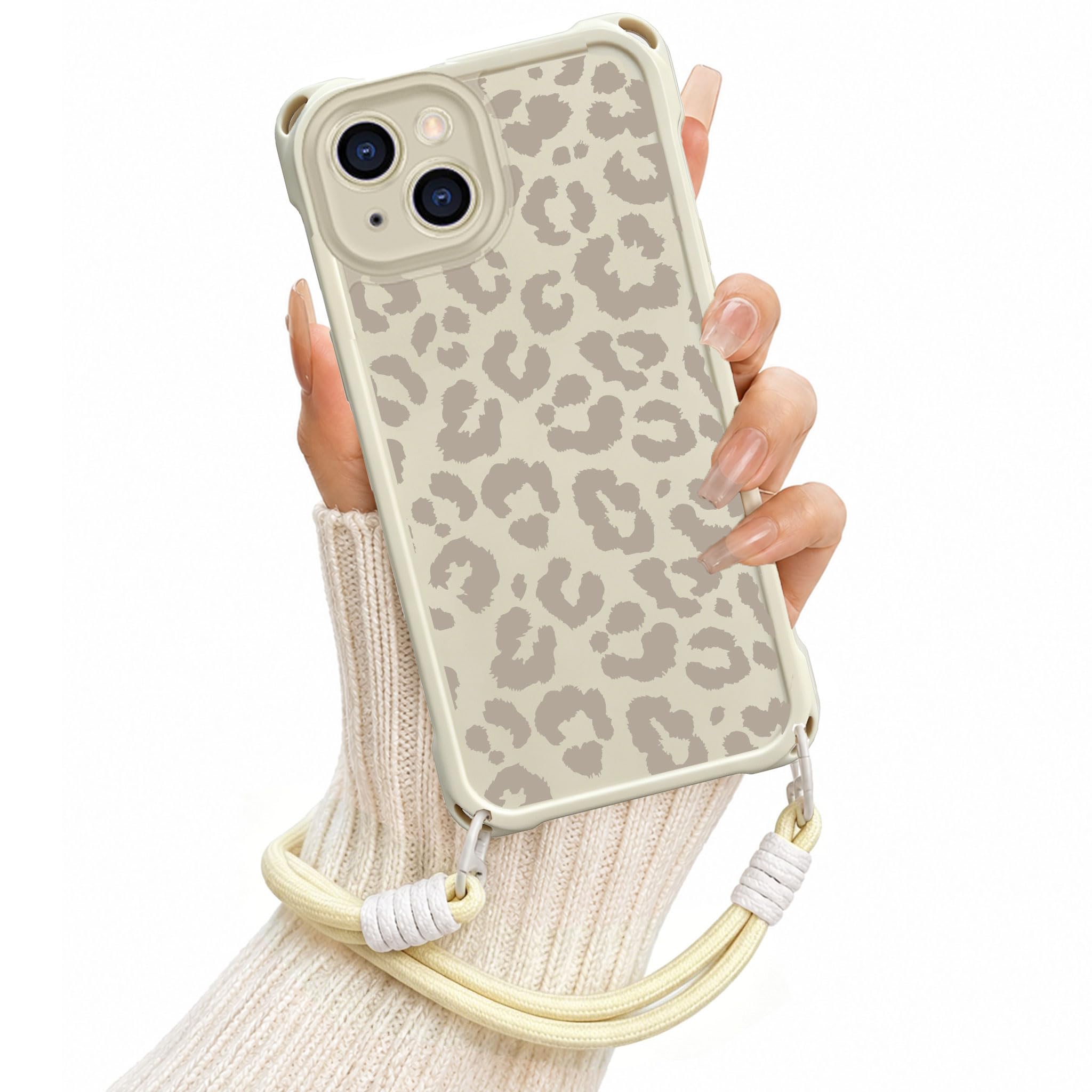 Etui na telefon komórkowy iPhone 15 6,1", Aesthetic Leopard, dla kobiet i dziewcząt, wzornictwo ze sznurkiem, zdejmowany łańcuszek, ochrona aparatu, odporne na uderzenia, silikonowe etui ochronne