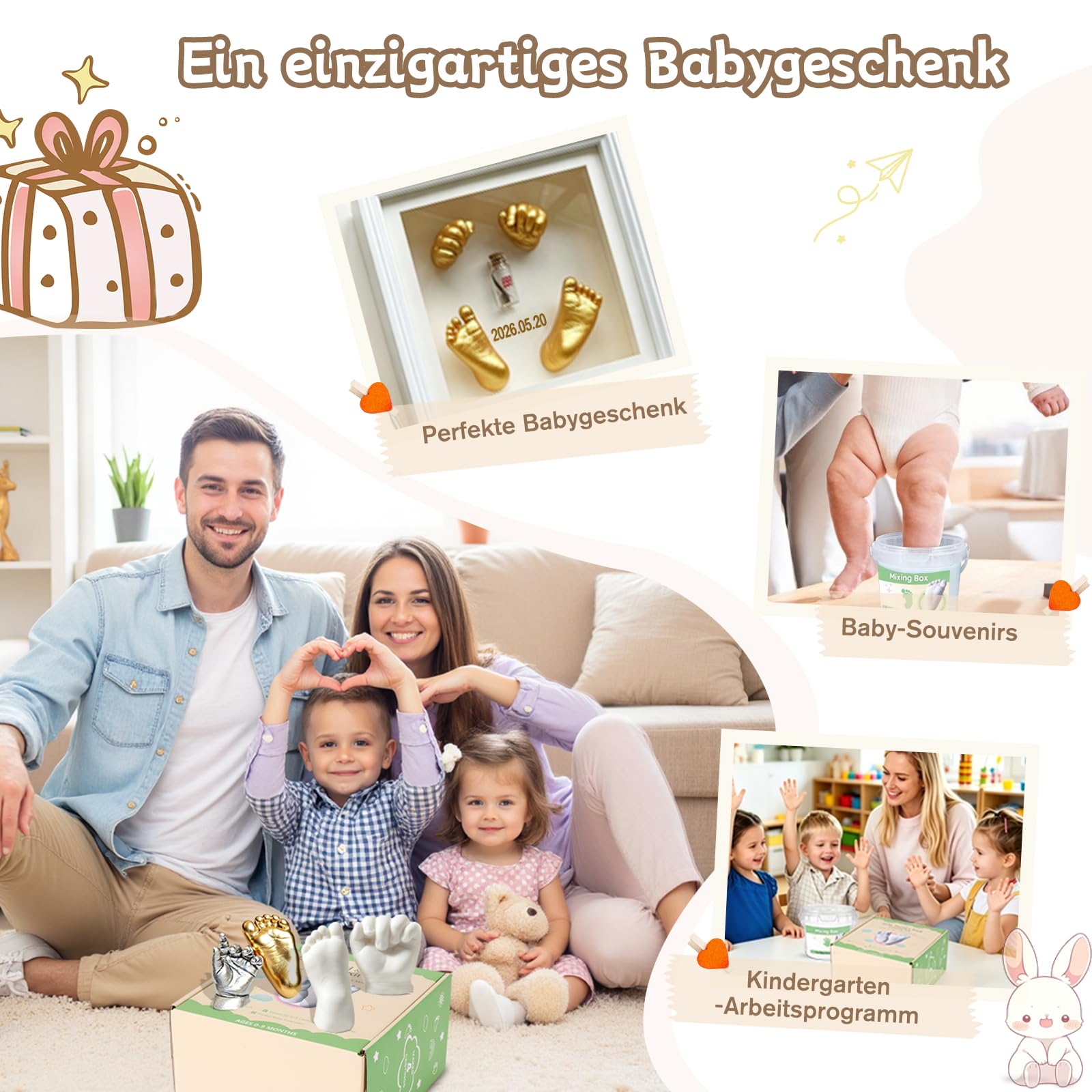 3D Gipsabdruck Baby Hand und Fuß(4 Abdrücken), Taricor Ungiftig Hand und Fußabdruck für Neugeborene, Abdruck Hände und Füße für Neugeborene für Babydusche Geschenk/Babyparty (0-9 Monate)